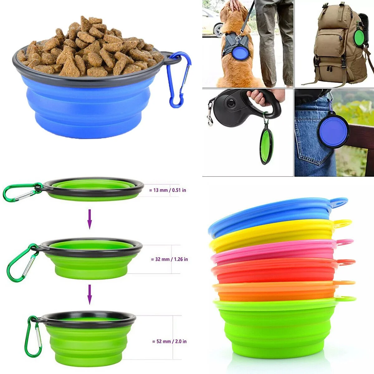 Collage of portable collapsible pet bowls in various colors with carabiner clips, used for outdoor pet feeding and walking accessories.
