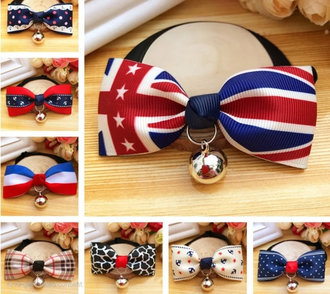 Collection of colorful bow hair accessories with small bells hanging from the center, arranged on a wooden surface.