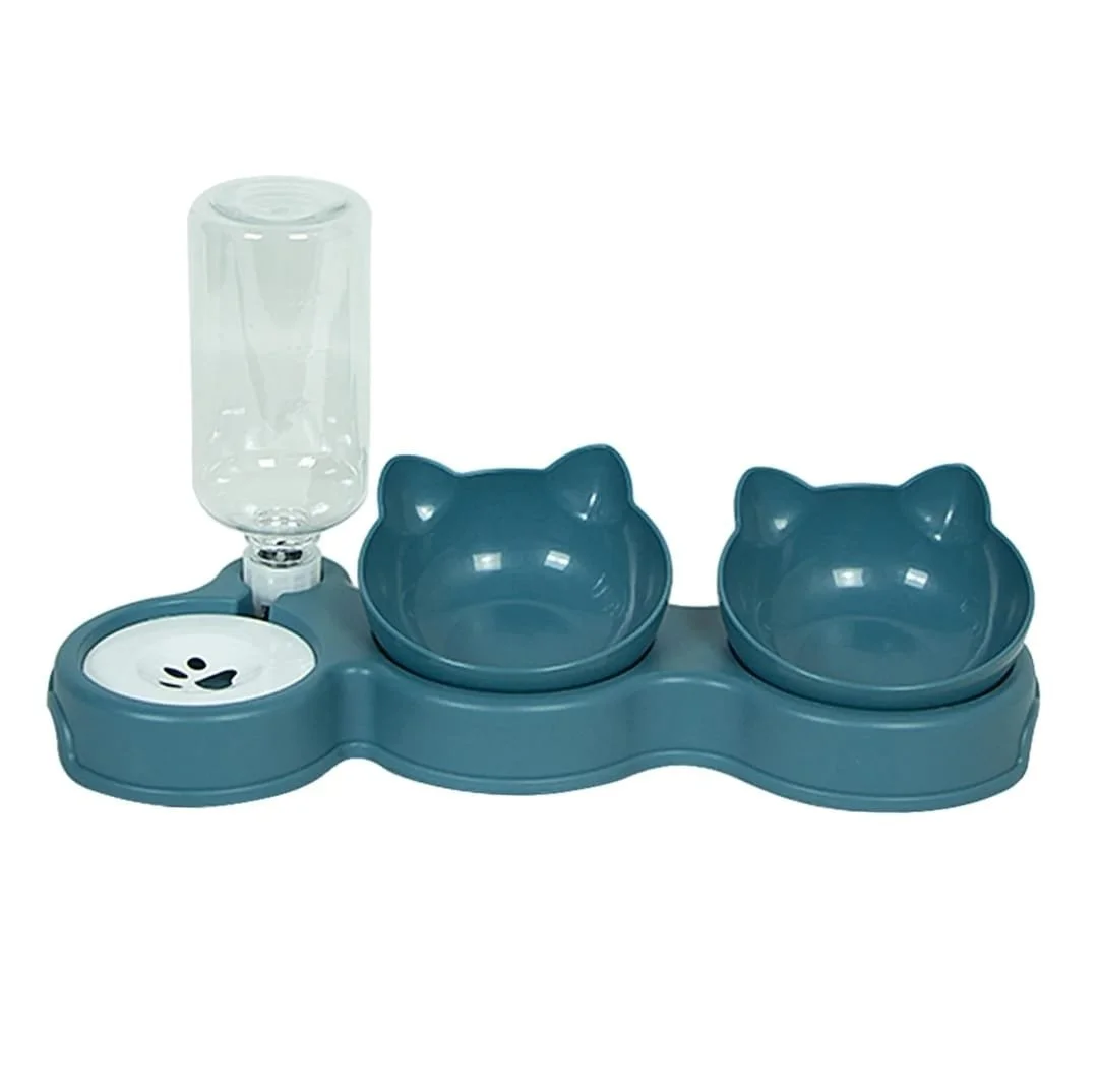 A cat-shaped blue pet feeding dish with two bowls, a water bottle, and a small container with a paw print design.