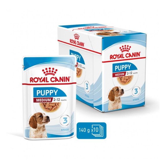 Package of Royal Canin Puppy Medium dry dog food for puppies aged 2 to 12 months, weight 140 grams, with a picture of a puppy and ten servings indicated.