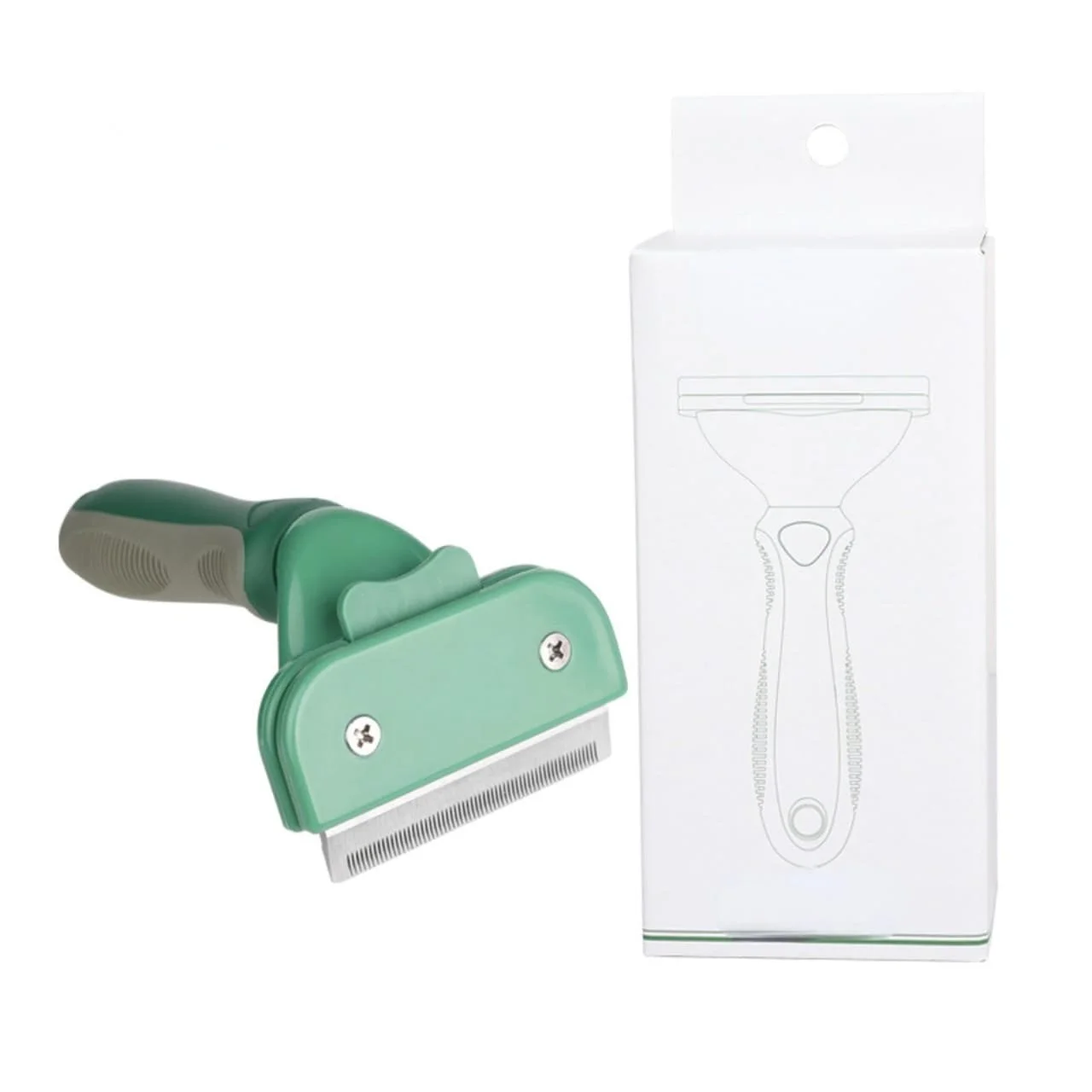 Green razor with a textured handle and a metallic blade, placed next to its packaging box with a line drawing of the razor.