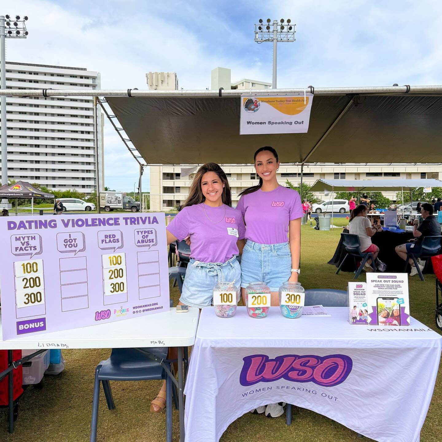 📢 WSO at Moanalua High School&rsquo;s 5th Annual Menehune Turkey Trot Health Fair! 🦃🏃&zwj;♀️

We had an amazing time connecting with students at this fantastic event yesterday! 🎉

💜 Highlight of the Day: Our Dating Violence Trivia Game! Students