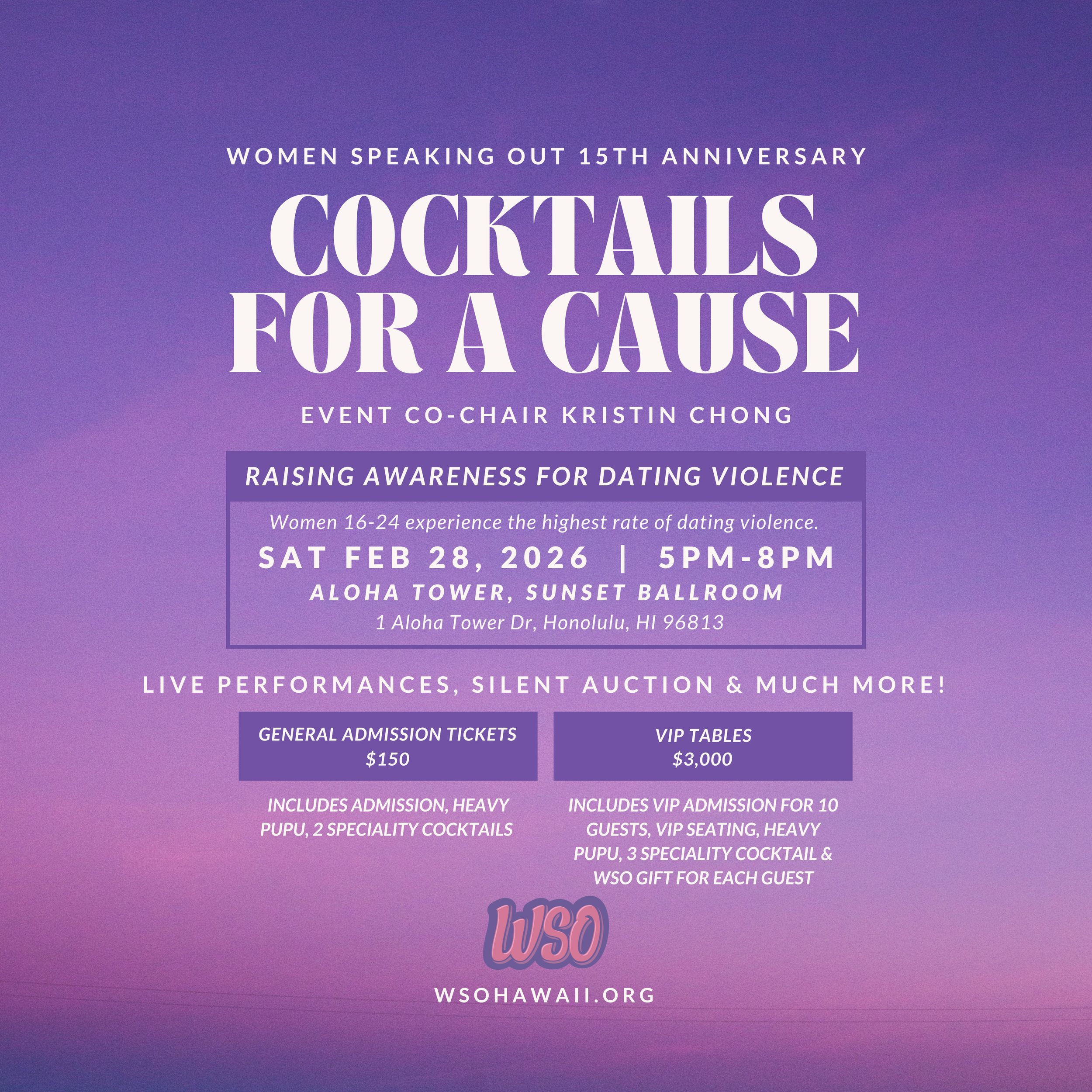 WSO COCKTAILS FOR A CAUSE! WSO CELEBRATES 15 YEARS!