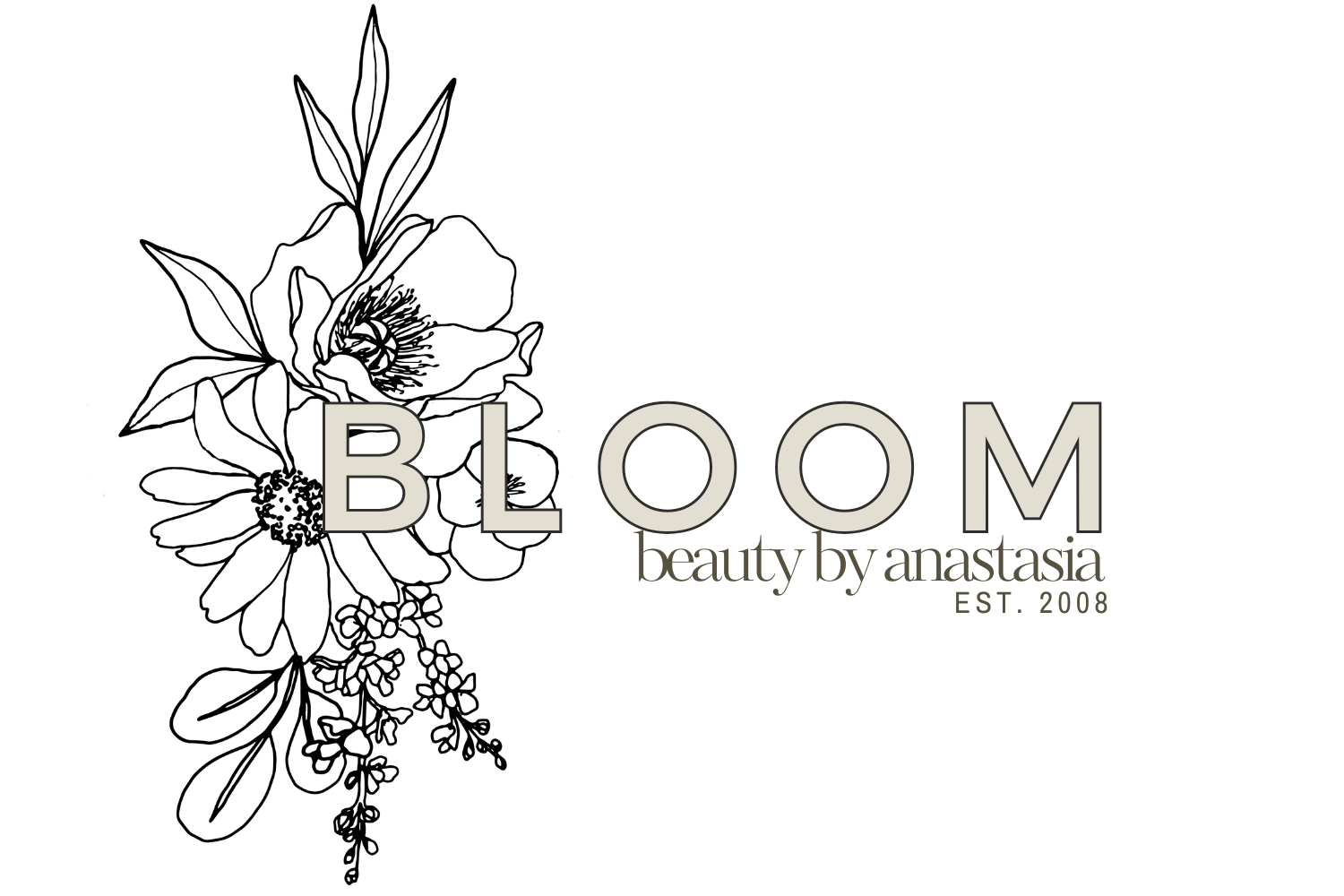 Bloom Beauty by Anastasia logo with black background, established in 2008.