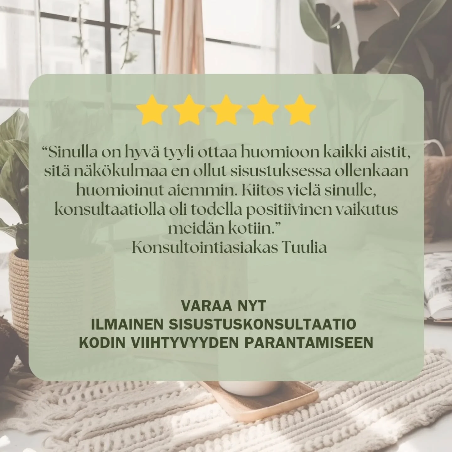 Milt&auml; kuulostais koti, jossa on helppo hengitt&auml;&auml;, palautua ja voida hyvin arjessa? 💚

M&auml; niiiiin toivoisin, ett&auml; jokaisella olis koti, jossa on hyv&auml; olla ja joka ei ainakaan lis&auml;&auml; arjen kuormitusta 💚 Sit&auml