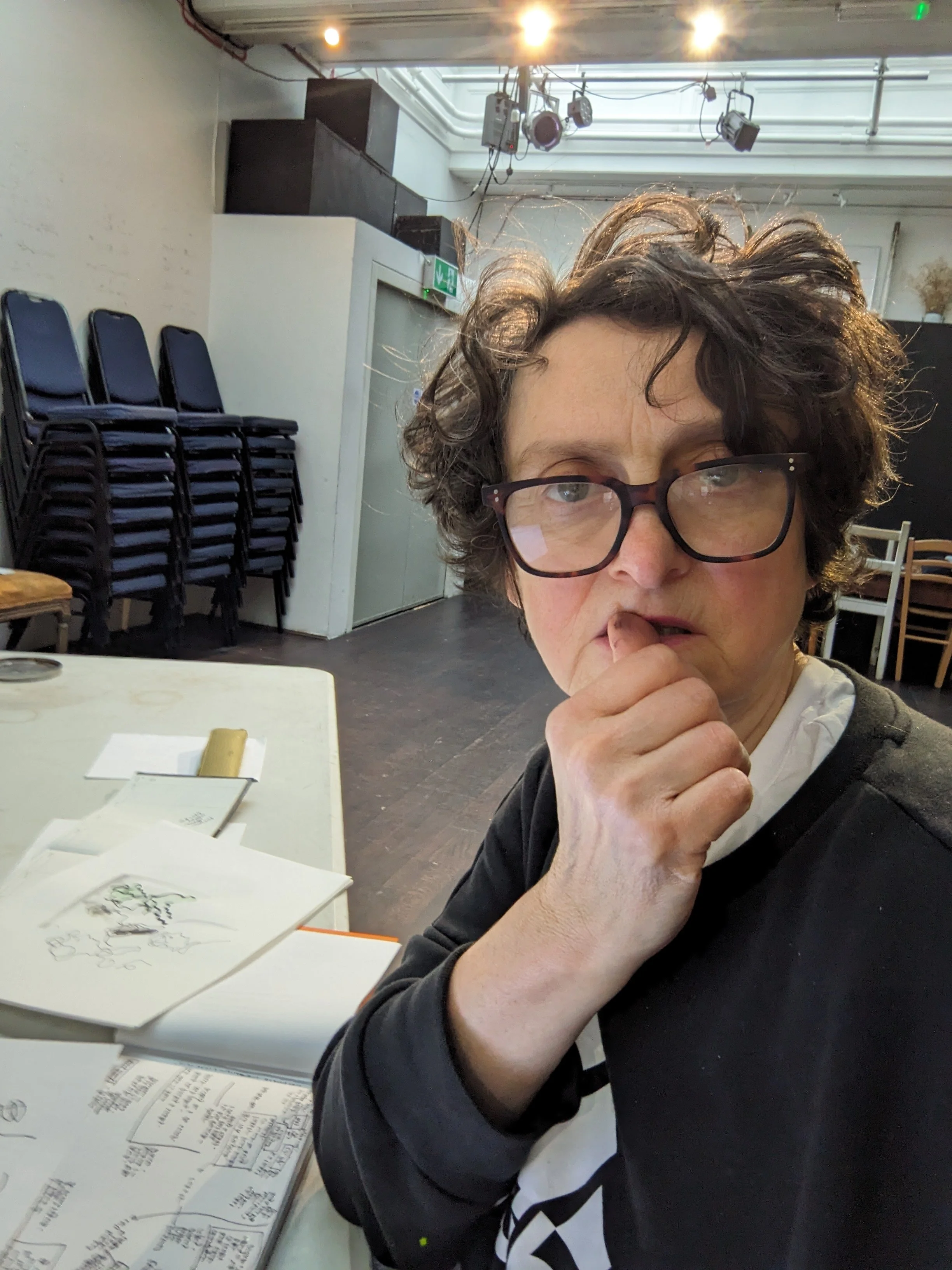 Rehearsal room drawings and laptop on the table Lisa Gornick stares into the camera and thinks about writing the live drawing show as a text