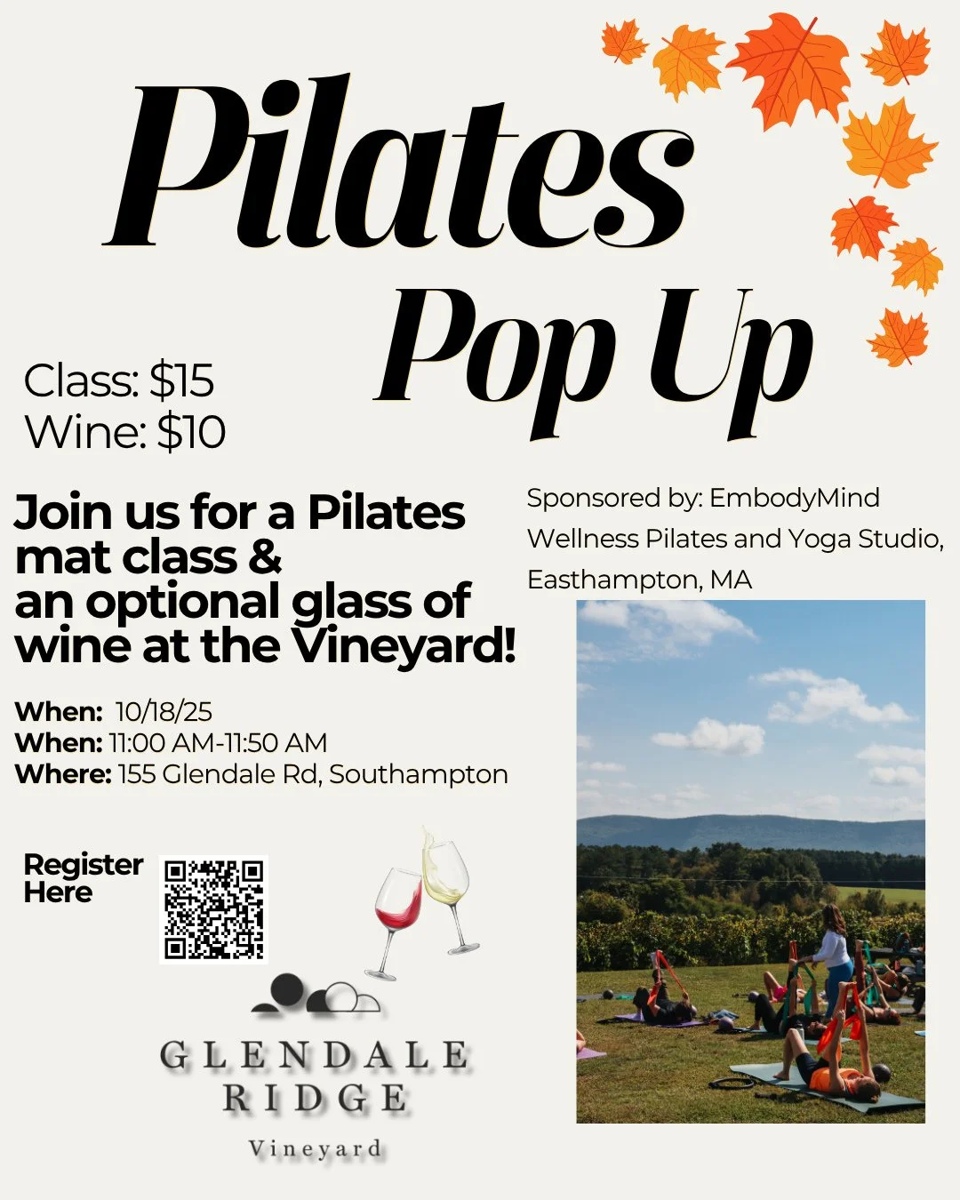 🍂 Move, breathe, and connect in the beauty of the vineyard. This fall, join us for a special Pilates Pop-Up at Glendale Ridge Vineyard&mdash;a morning designed to refresh your body and lift your spirit.⁠
⁠
🧡 Enjoy a 50-minute Mat Pilates class led 