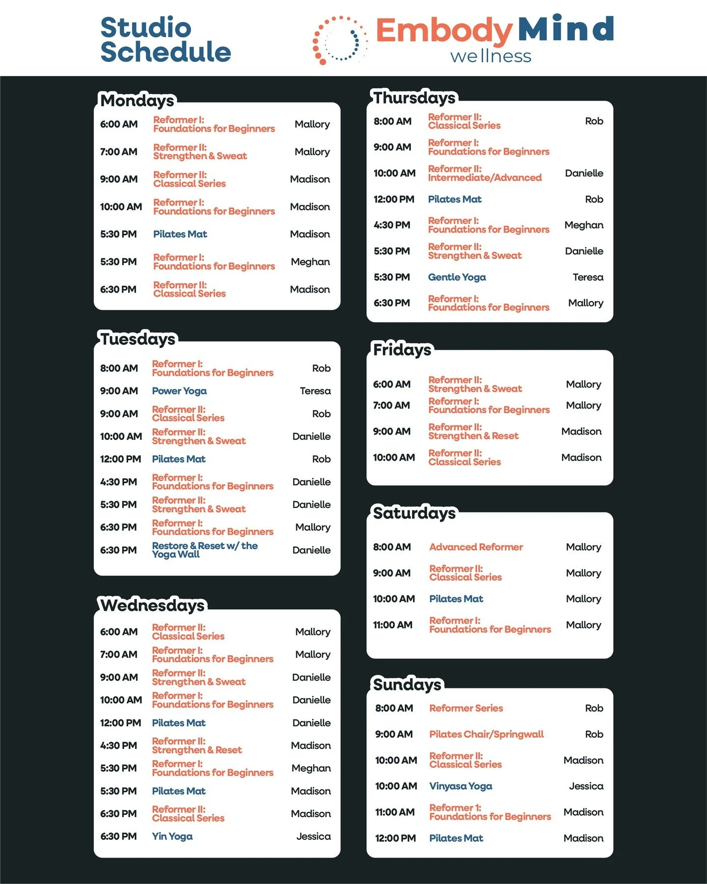 ✨ Our New Class Schedule is Here! ✨⁠
⁠
We&rsquo;ve added more ways for you to move, breathe, and feel good in your body.⁠
⁠
🌞 What&rsquo;s New:⁠
🕘 6 AM, 7 AM, &amp; 9 AM classes for your morning routine⁠
🧘&zwj;♀️ Evening Yoga Wall classes for rese