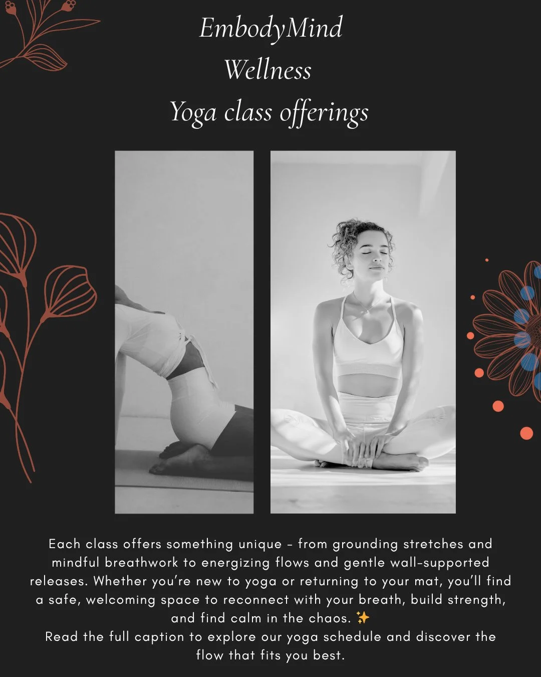 ✨ Find Your Flow This Week at EmbodyMind Wellness⁠
⁠
Whether you&rsquo;re craving energy, stillness, or deep restoration, our yoga classes are designed to meet you exactly where you are &mdash; body, mind, and spirit. 🌿⁠
⁠
🧡 Tuesdays⁠
9:00 AM &mdas