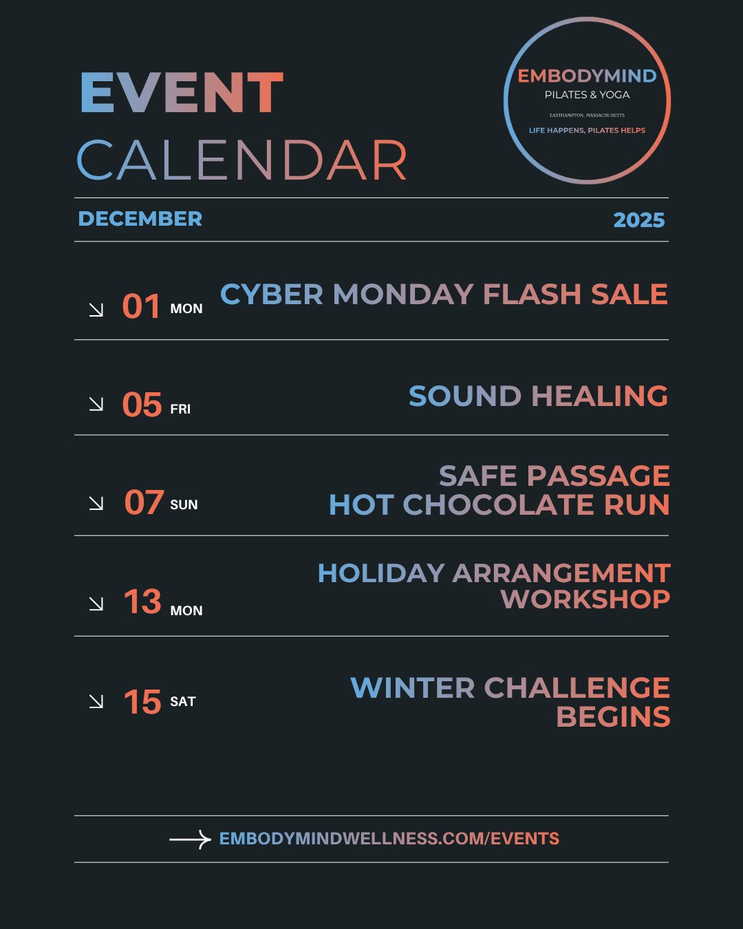 ⁠
December has Arrived!⁠
⁠
We invite you to explore our dynamic offerings for this month.⁠
⁠
We are thrilled to partner with local enterprises to enhance the EmbodyMind experience and foster community engagement.⁠
⁠
Support Local and Invest in Your C