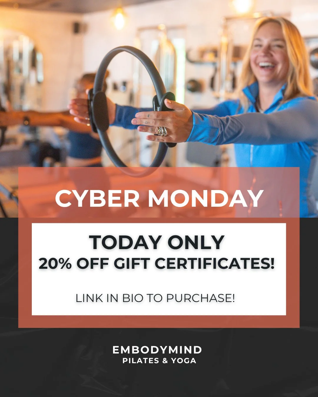 CYBER MONDAY ONLY &mdash; 20% OFF GIFT CARDS 🎉⁠
⁠
Today only, save 20% on all EmbodyMind gift cards!⁠
Give the gift of strength, confidence, and mindful movement to someone you love (or treat yourself&mdash;we fully support that 😉).⁠
⁠
Whether they
