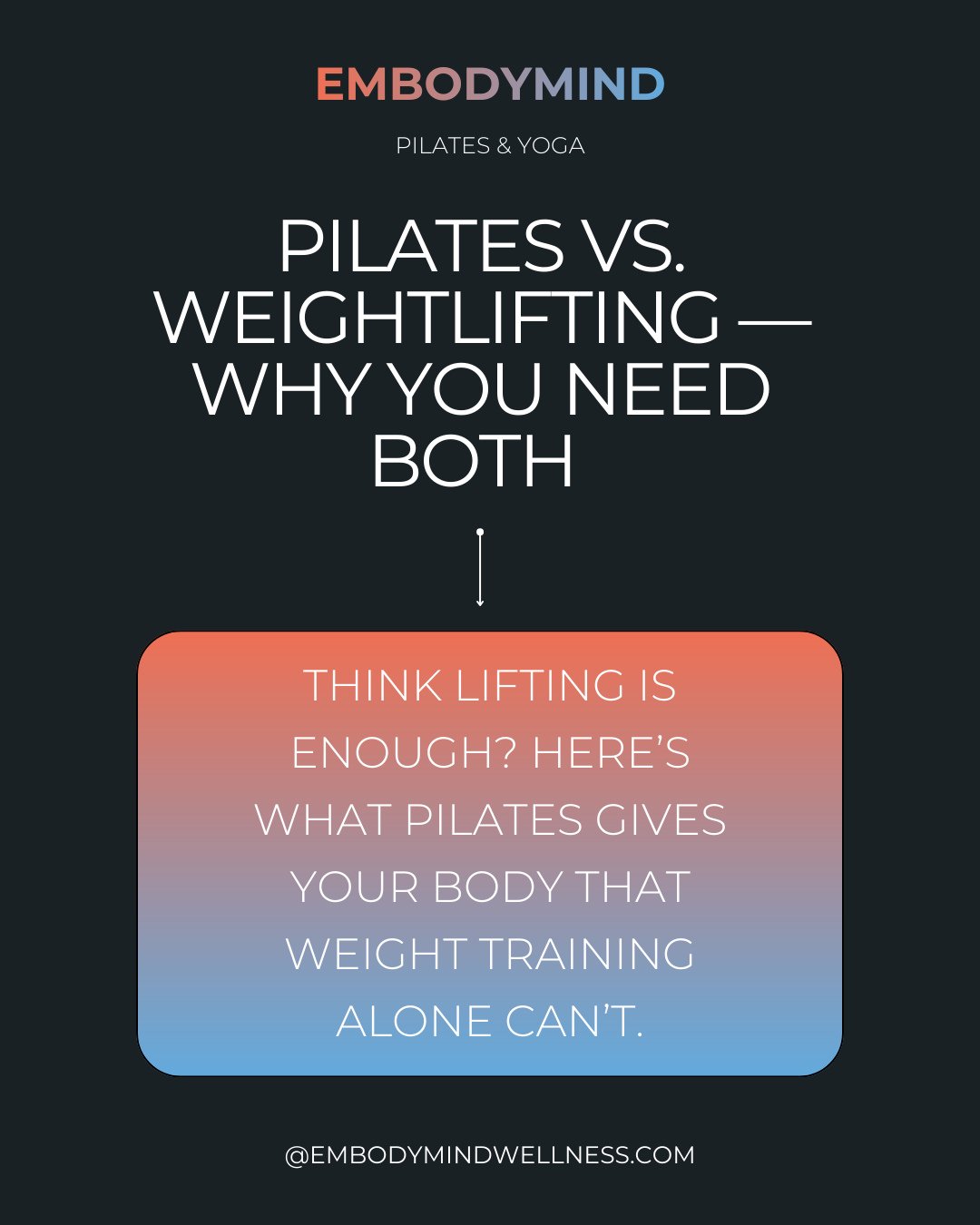 Weightlifting builds power &mdash; but Pilates builds control, alignment, and functional stability.⁠
 When you combine them, movement becomes efficient, strong, and deeply supported.⁠
Pilates trains the muscles weightlifting often misses: stabilizers