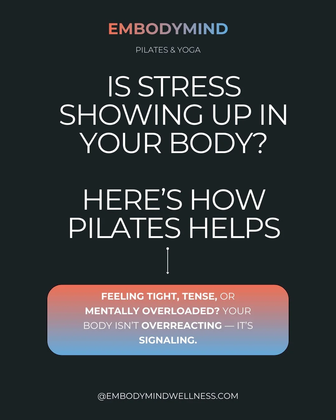 Stress rarely announces itself &mdash; it shows up in tight hips, stiff shoulders, shallow breath, and scattered focus.⁠
⁠
Pilates helps release those physical patterns through controlled breath, spinal alignment, and nervous system regulation. It he