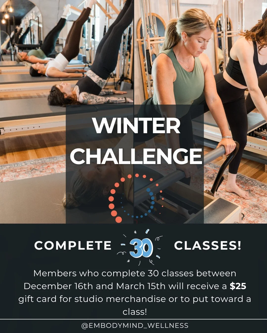 ❄️✨ Winter Challenge = ON! ✨❄️⁠
⁠
Need a little motivation to stay consistent this winter? We&rsquo;ve got you 💪💛⁠
Take 30 classes in 3 months and earn a $25 gift card&mdash;because showing up for yourself deserves to be celebrated!⁠
⁠
Whether you 
