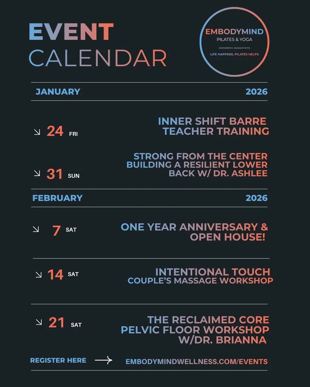 Happy New Year! We have some amazing happenings at the studio January and February! 

Join Inner Shift Barre for a weekend of teacher training at the studio - Jan 24th 

January 31st - Join Dr. Ashlee for a workshop on the lower back. Dr. Ashlee is a