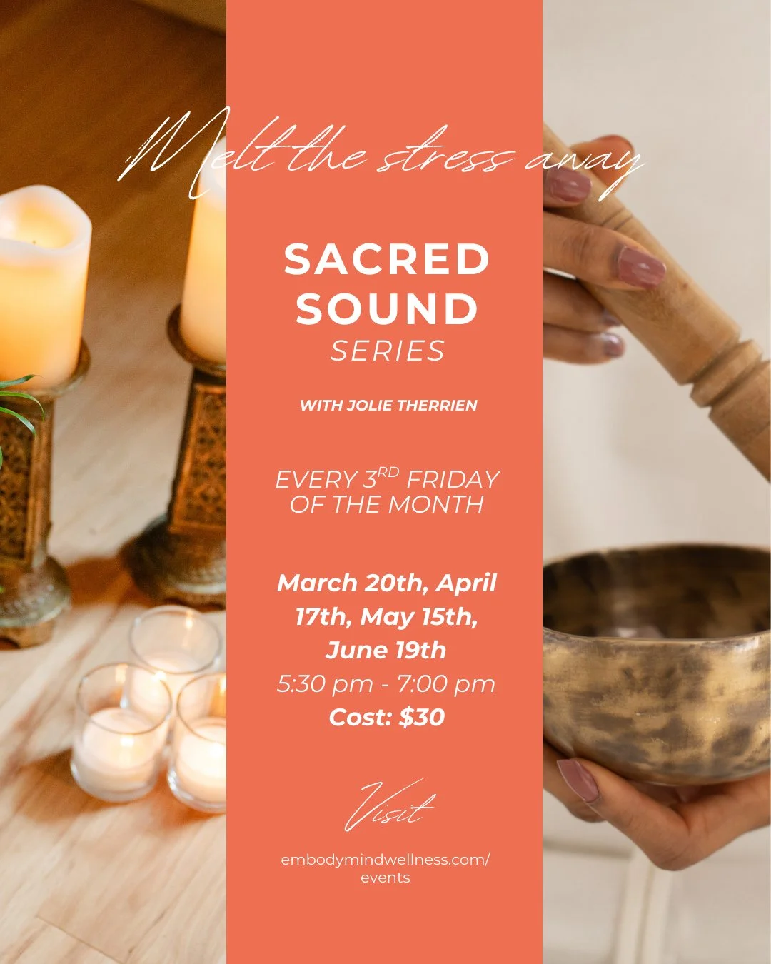 Sound Healing with Jolie Therrien⁠
📅 5:00&ndash;7:30 PM | EmbodyMind Wellness⁠
⁠
Join Jolie Therrien for a 90-minute immersive sound healing experience designed to help quiet the mind and reset the nervous system. Using instruments like Tibetan bowl