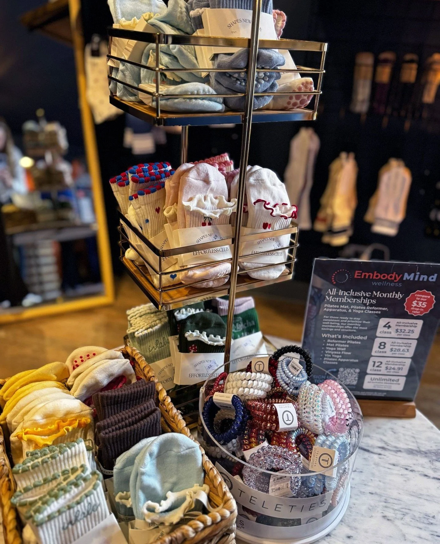A little retail moment ✨⁠
⁠
Grip socks, TELETIES, studio essentials&hellip; the things that somehow make class feel even better.⁠
⁠
All-inclusive members get a little extra love, too:⁠
🤍 25% off lululemon⁠
🤍 10% off grippy socks, accessories &amp; 