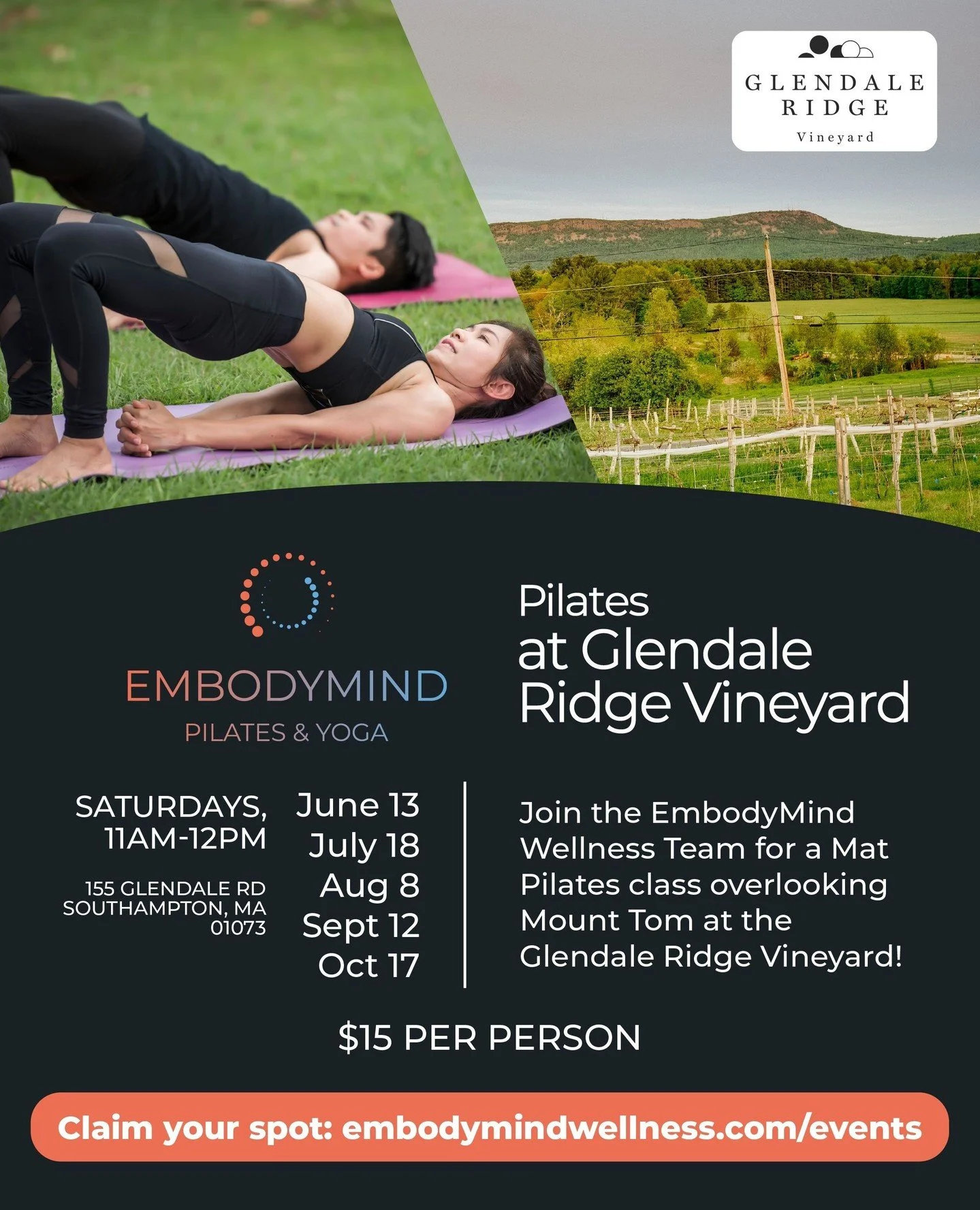 Pilates + wine? Say less 👀🍷⁠
⁠
This summer, we&rsquo;re heading to Glendale Ridge Vineyard for a monthly pop-up Mat Pilates series, running June through October. **Our first class kicks off June 13!**⁠
⁠
Think: movement, fresh air, vineyard views, 