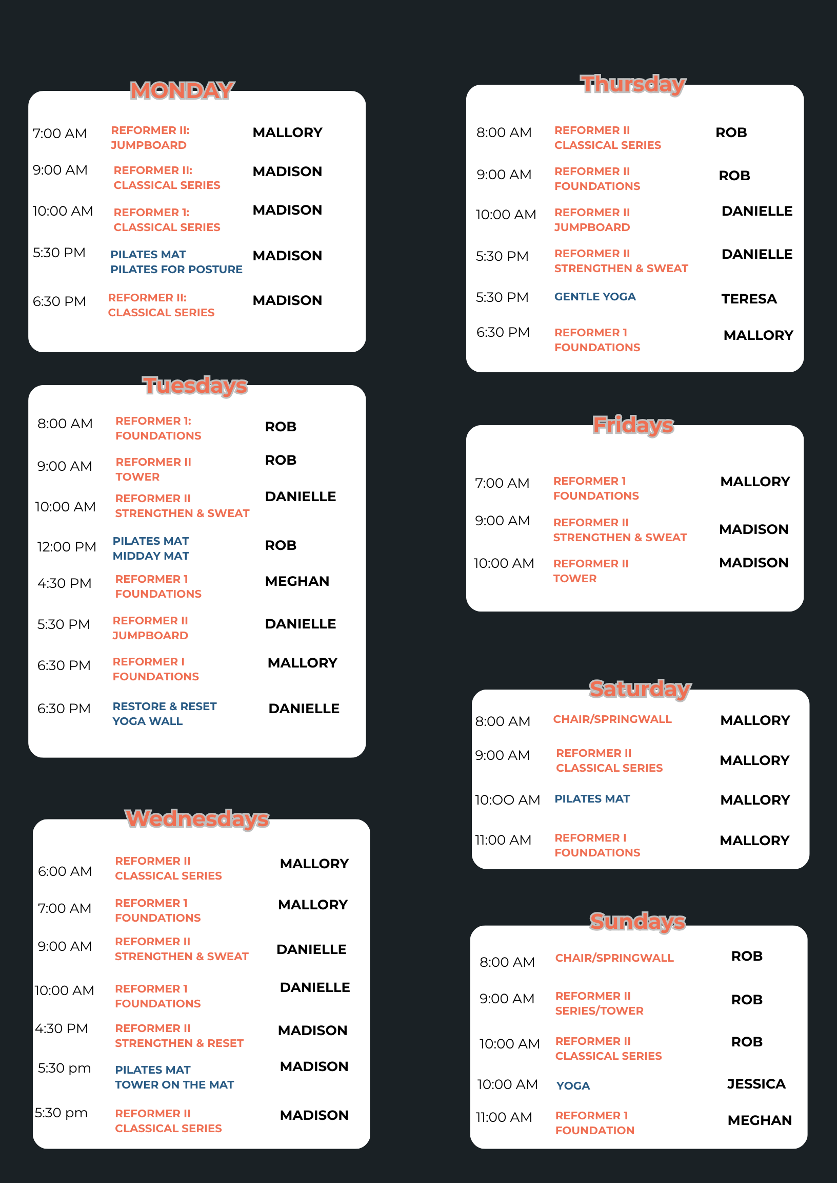 EmbodyMind Wellness: Pilates  Yoga fitness class schedule Monday-Sunday including various exercise classes such as Pilates, Reformer, Pilates Mat, and Yoga.