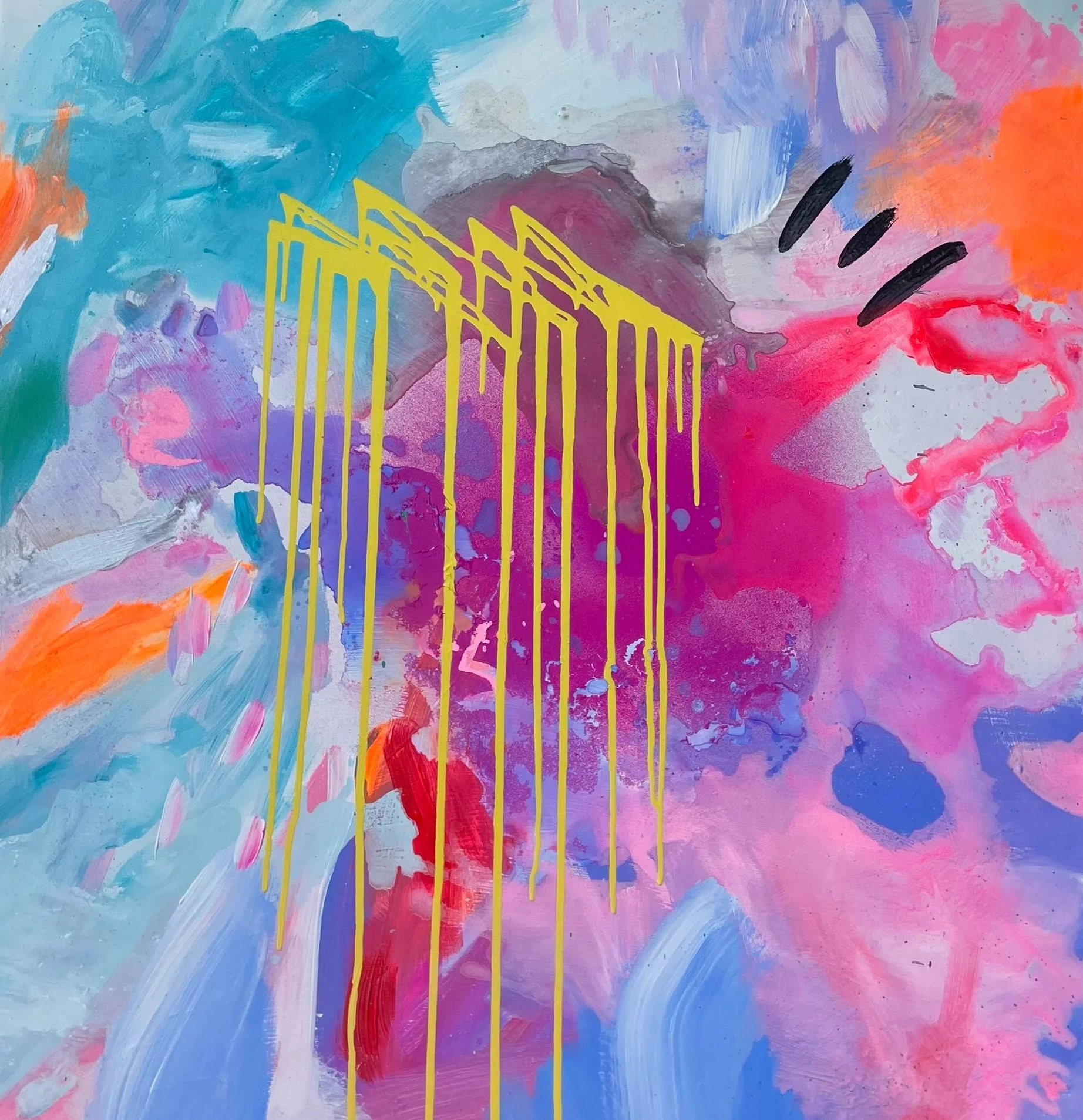 Abstract colorful painting with pink, blue, purple, and orange splashes, featuring a yellow stencil of a skyscraper and three black brush strokes.