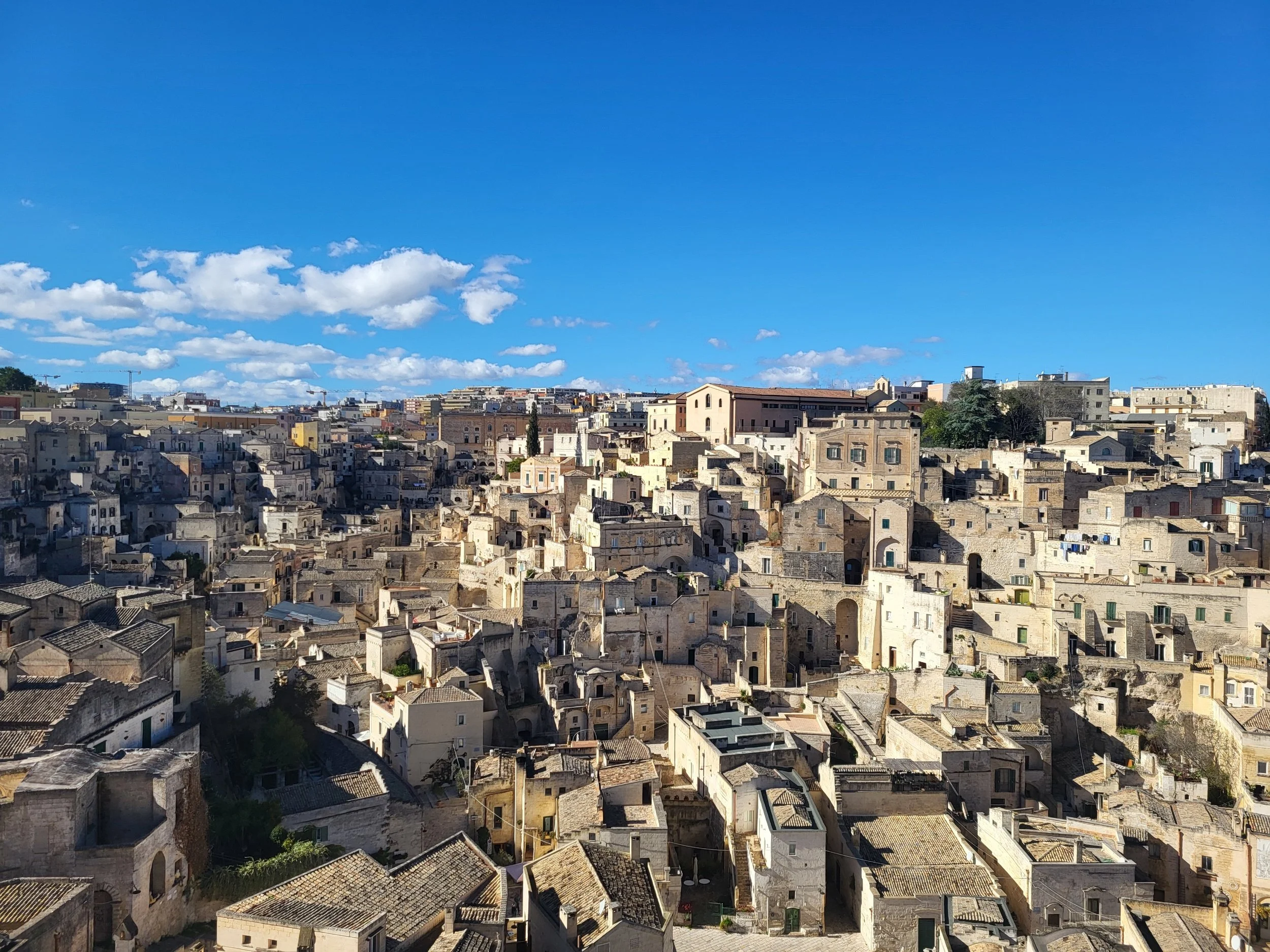 Panoramic view of Matera, Basilicata, Italy with ancient Sassi cave dwellings.