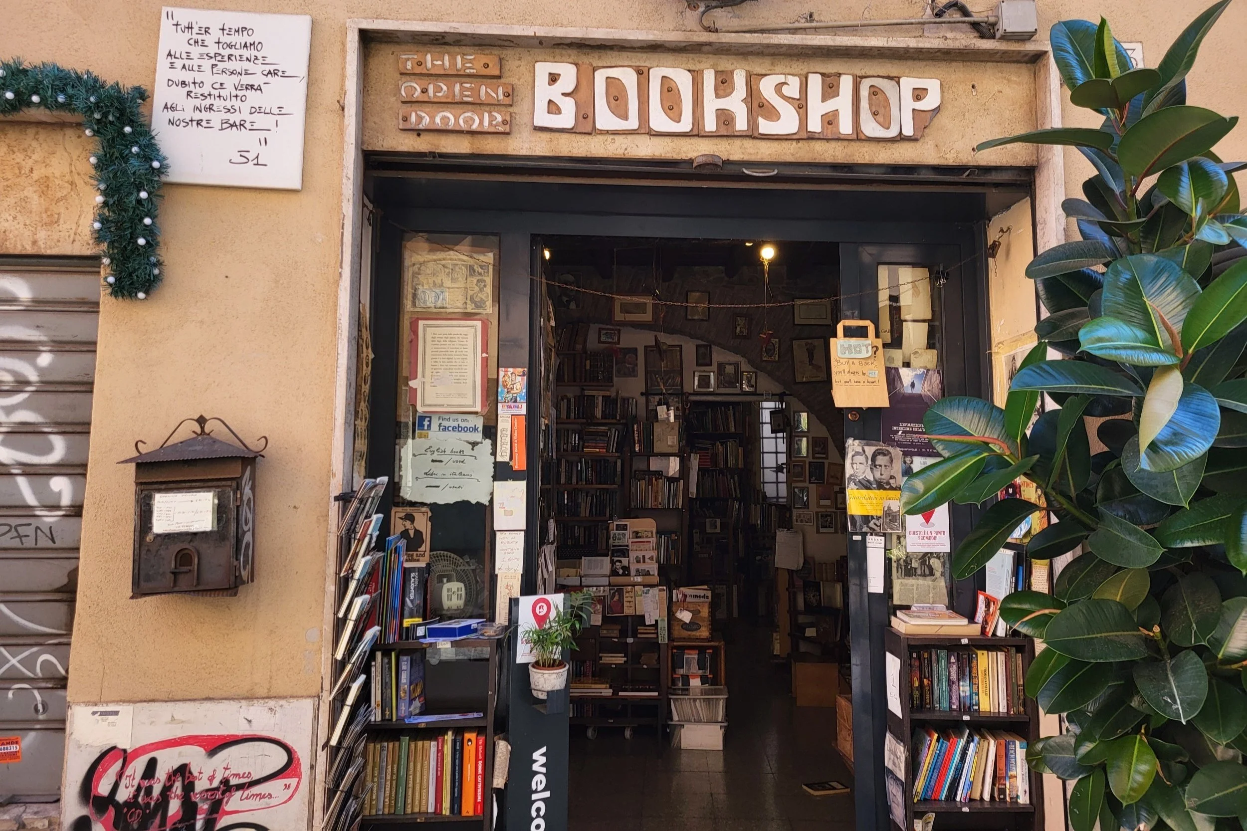 Entrance of The Open Door Bookshop in Trastevere.