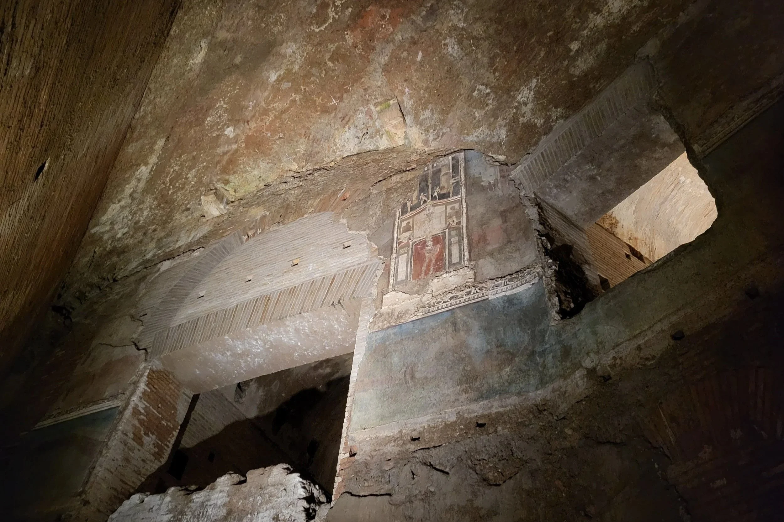 Ancient frescoes inside the Domus Aurea in Rome