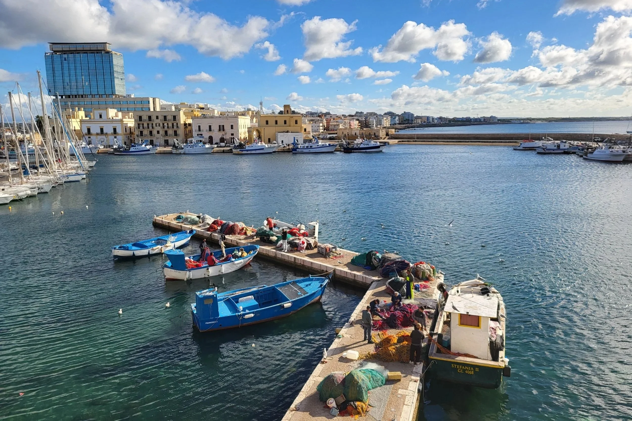 View of the port in Gallipoli with fishermen at work