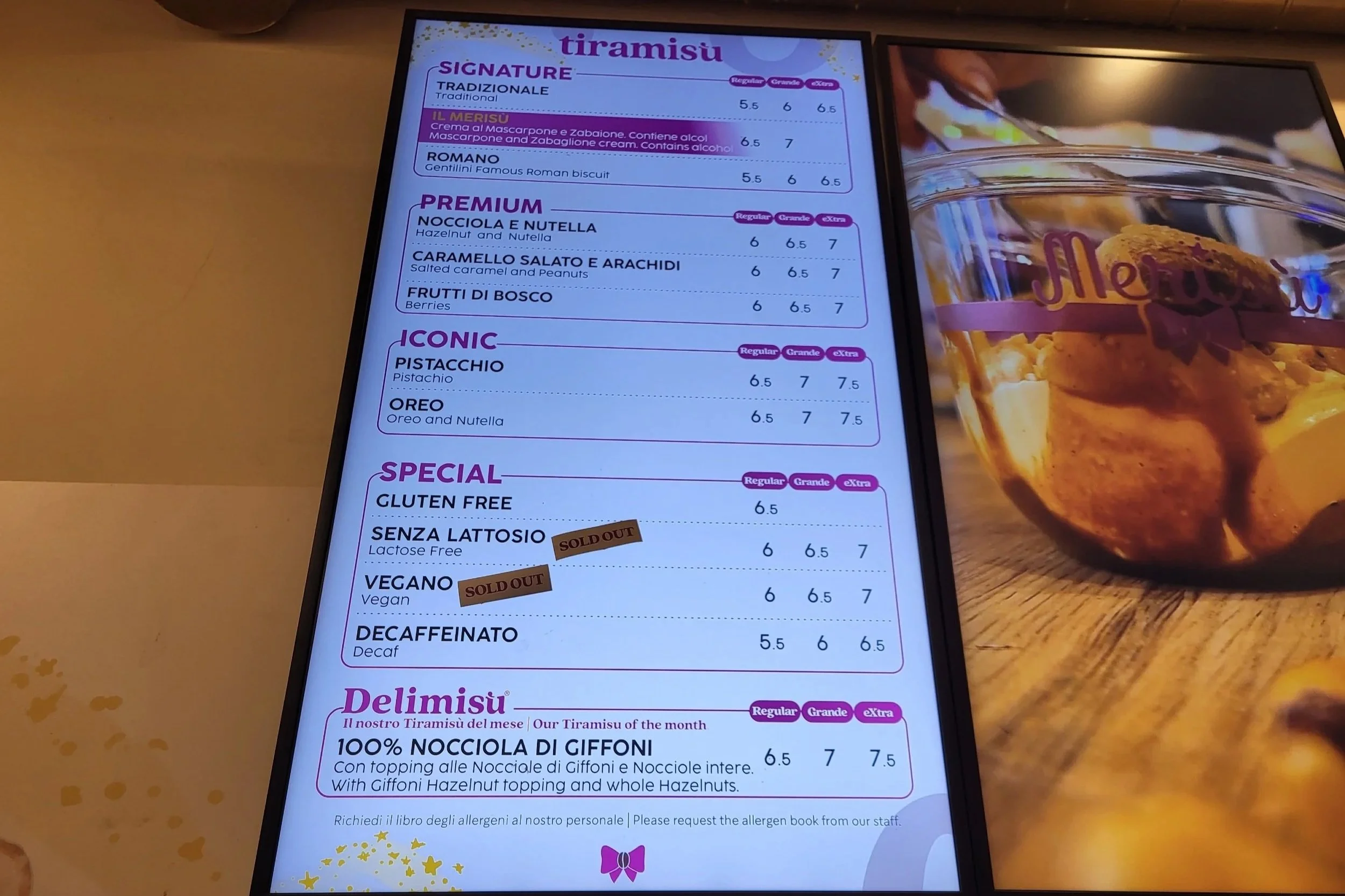 Menu at Tiramisú Merisù in Rome