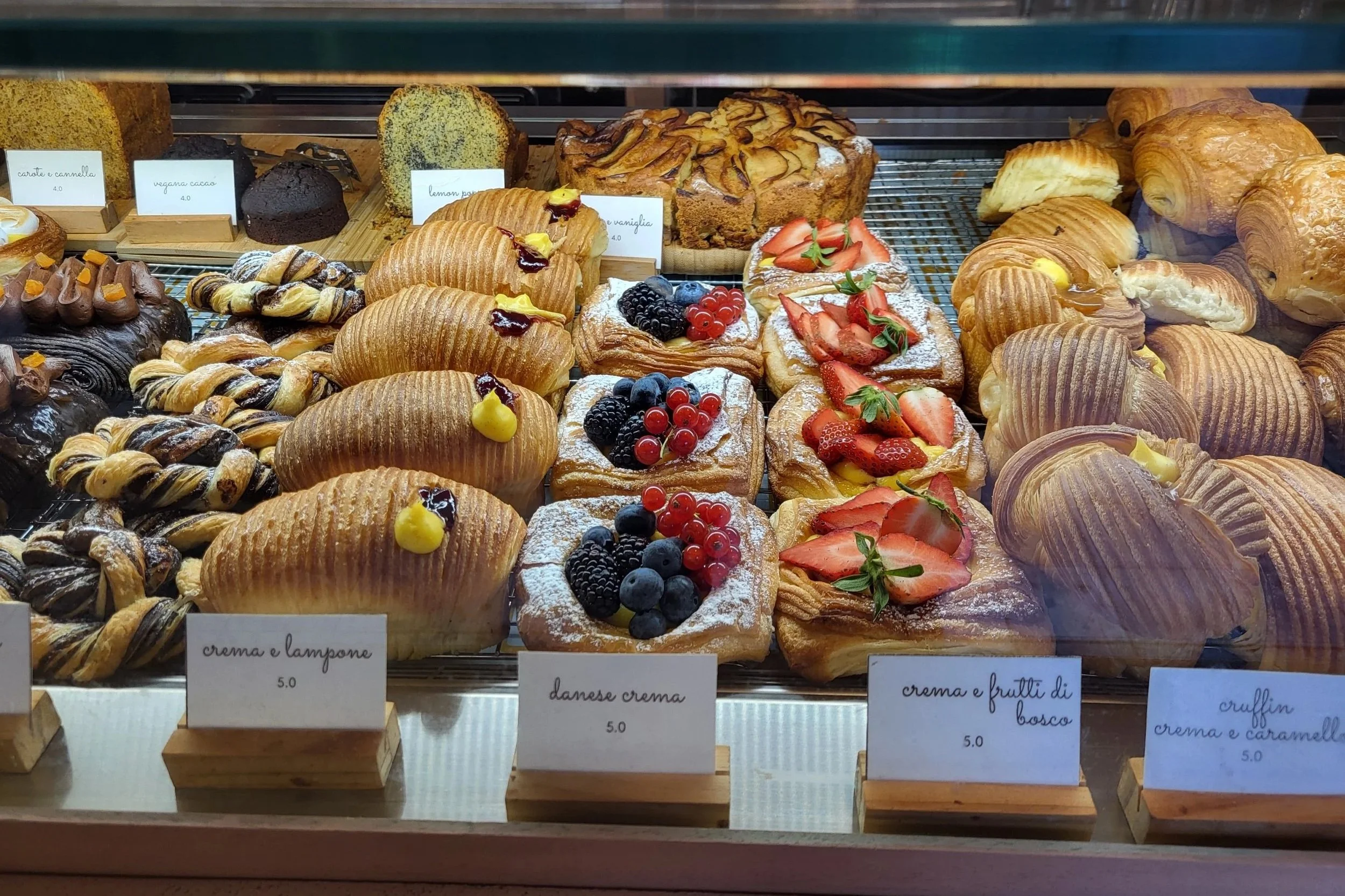 Pastries on display in Café Merenda in Rome