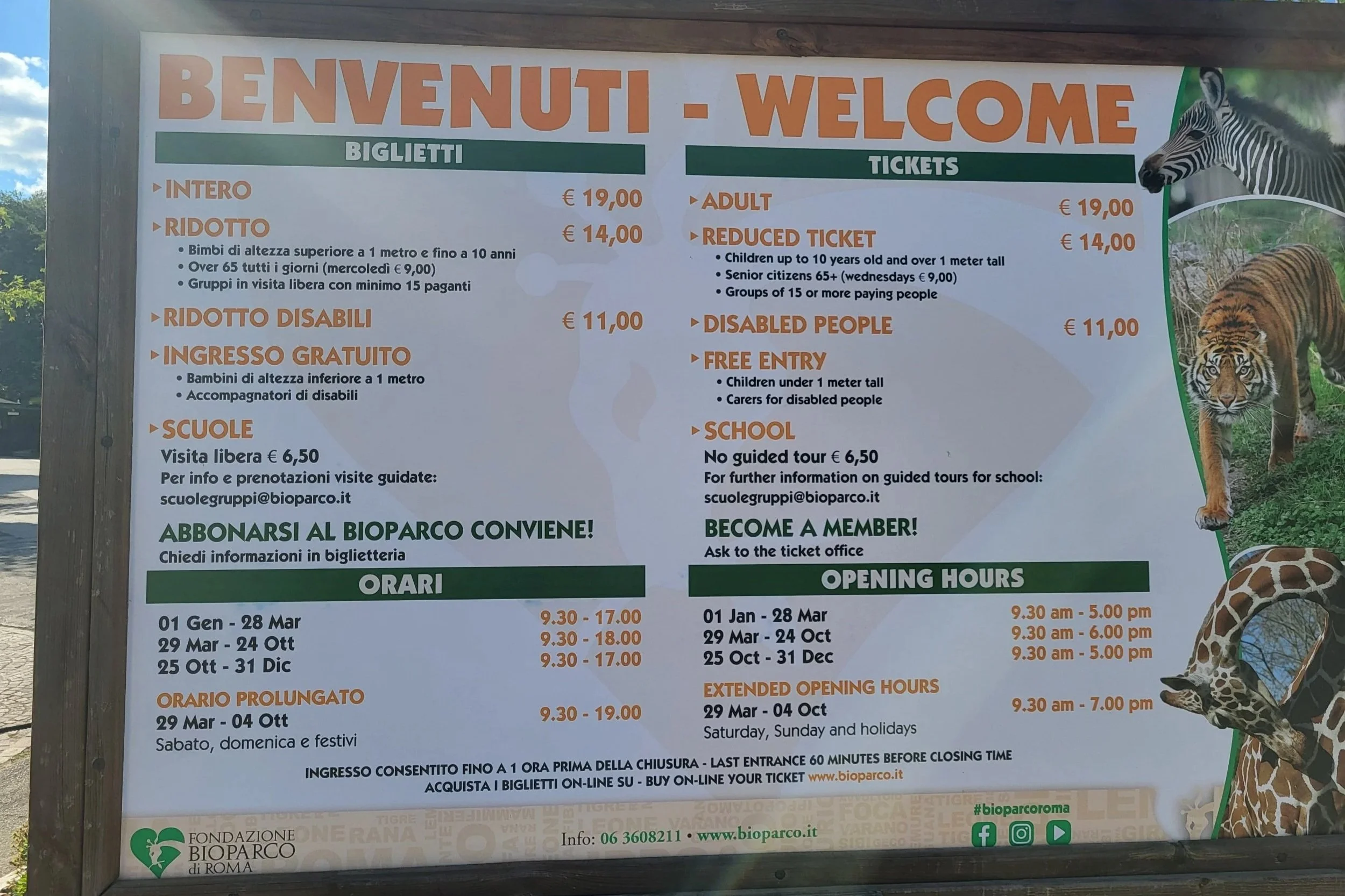 Sign with ticket prices of Bioparco di Roma