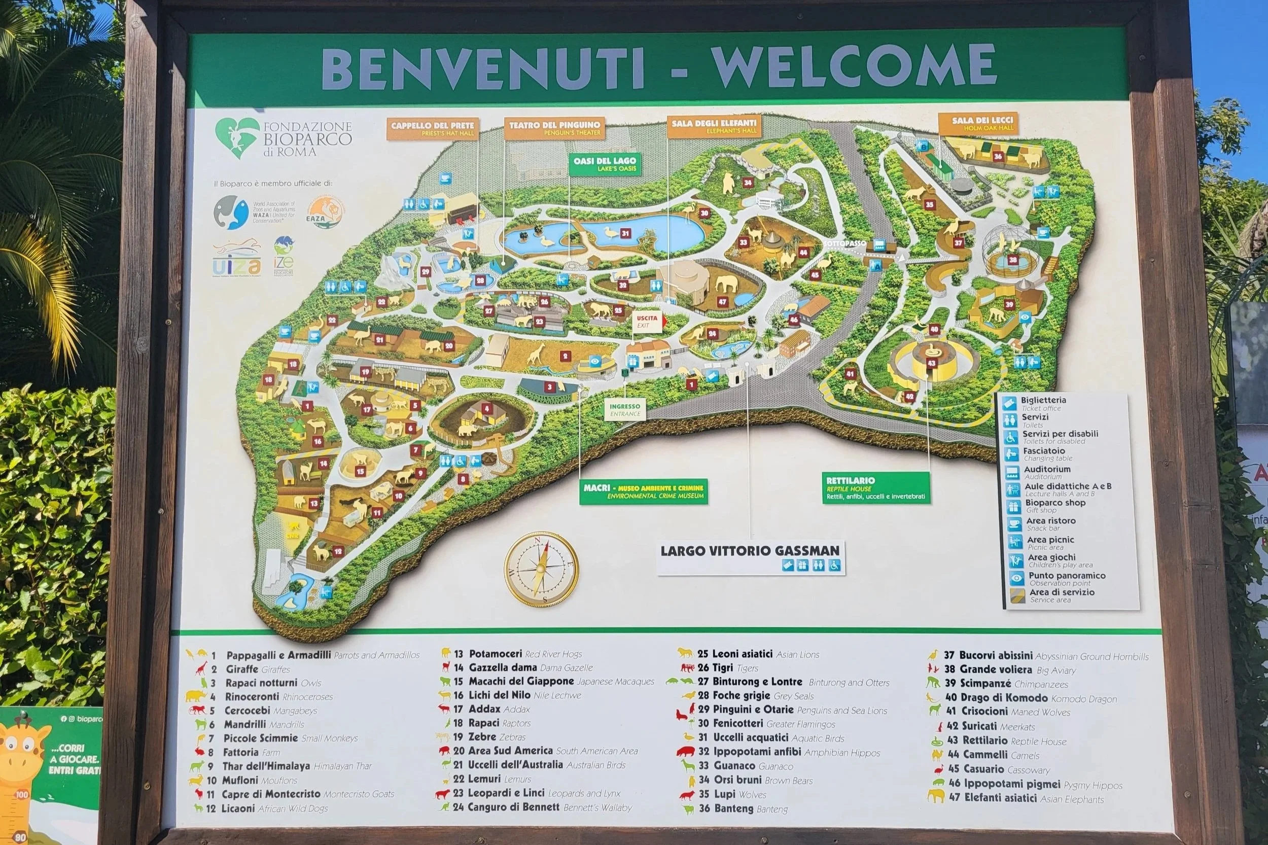 Welcome sign at the Bioparco in Rome with the map of the zoo.