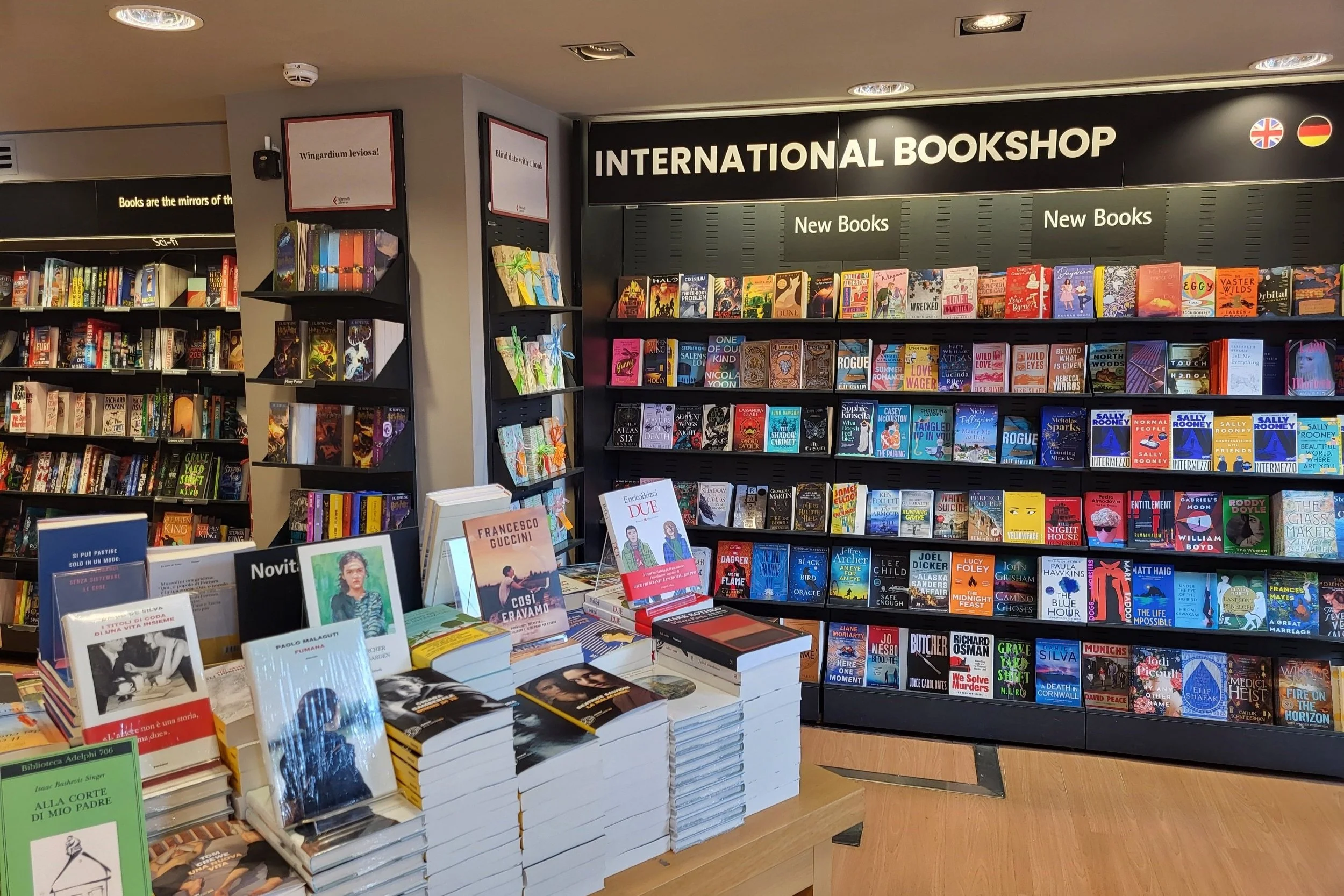 Interior of La Feltrinelli with English bestsellers and new releases