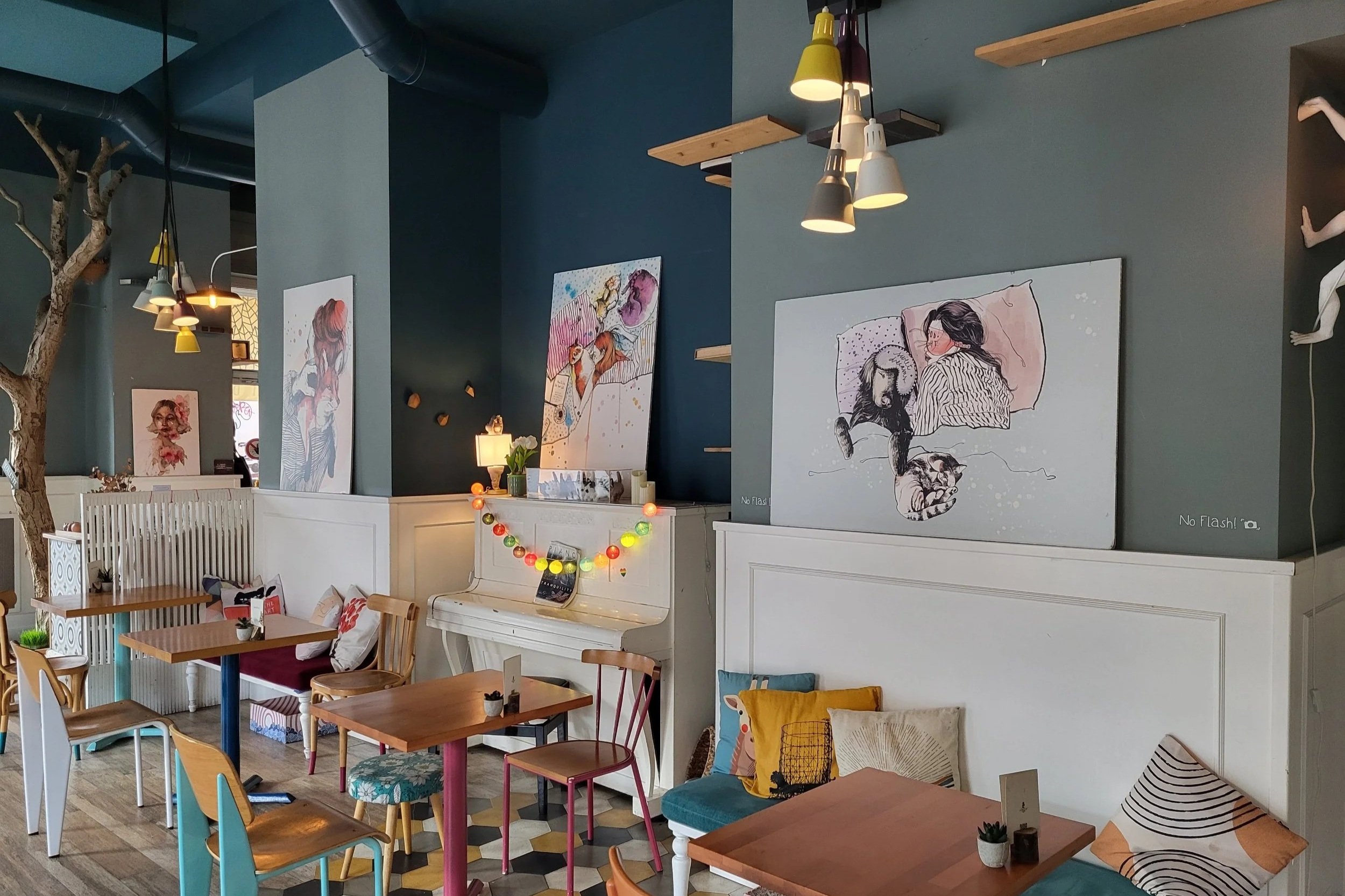 Colourful interior of Romeow Cat Bistrot in Ostiense Rome