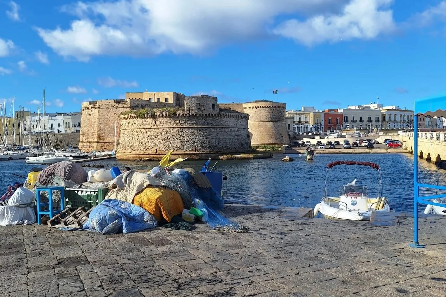 View of the Castle of Gallipoli in the back with in the front fishermen equipment