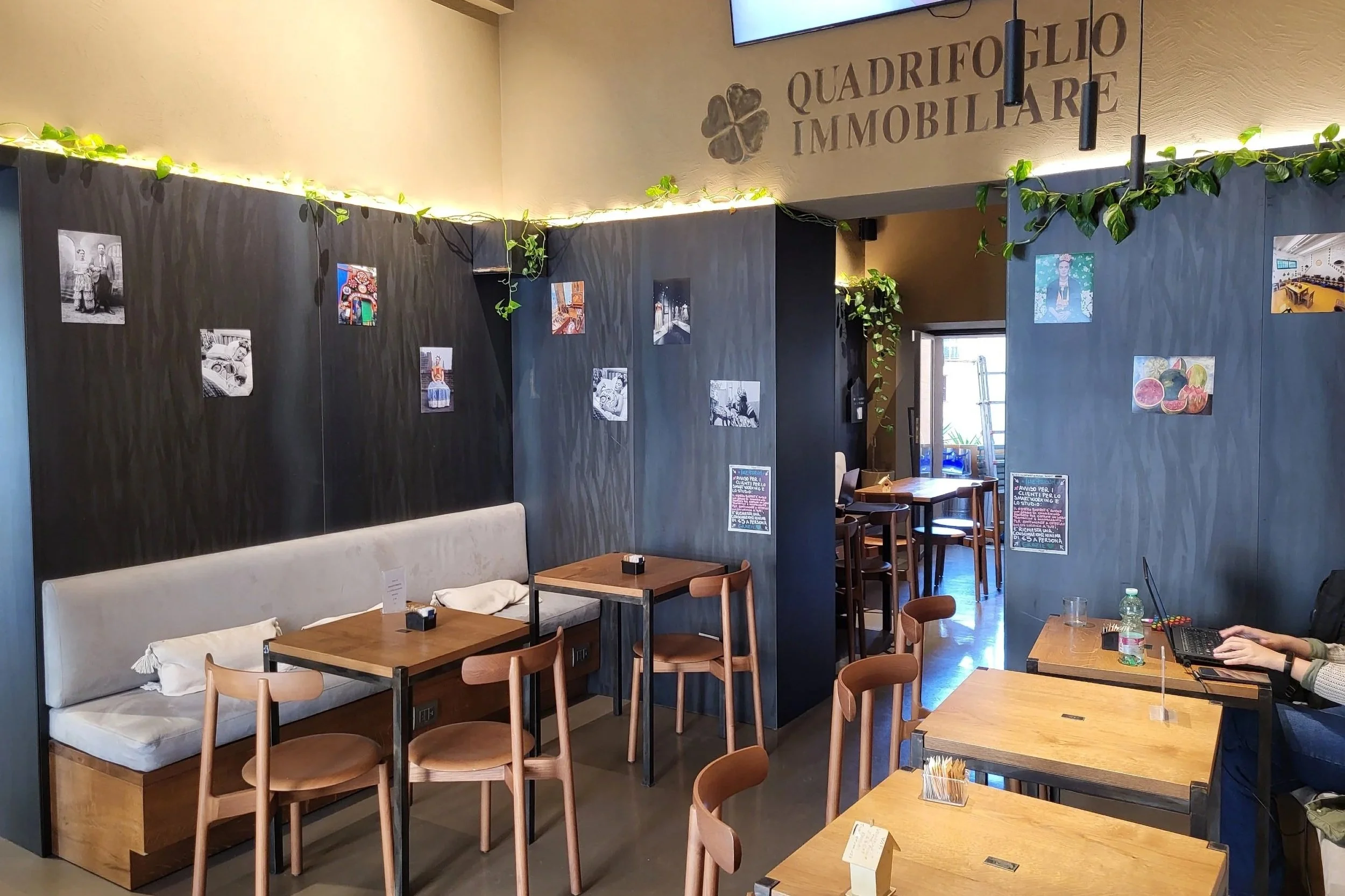 Cozy café interior in Pigneto for remote work