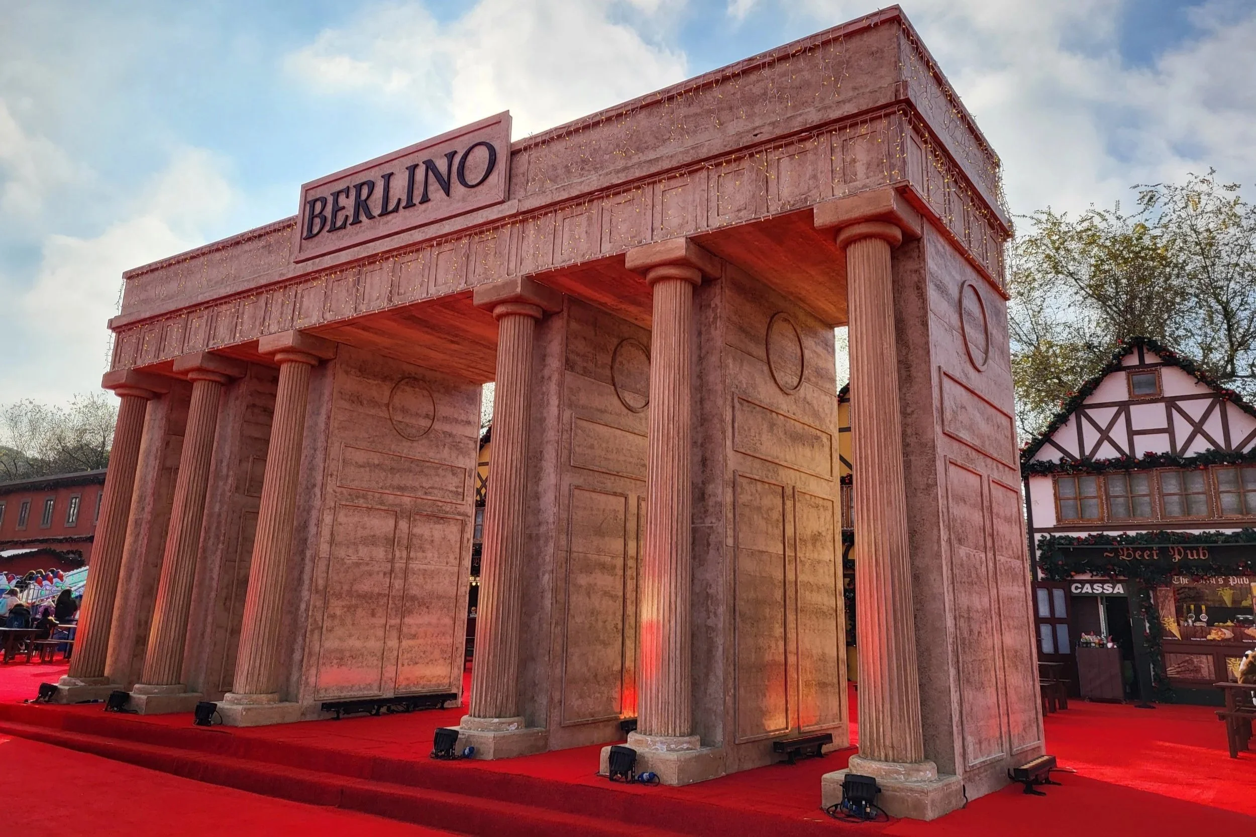 Berlin-themed area in Christmas World Rome with festive stalls and lights