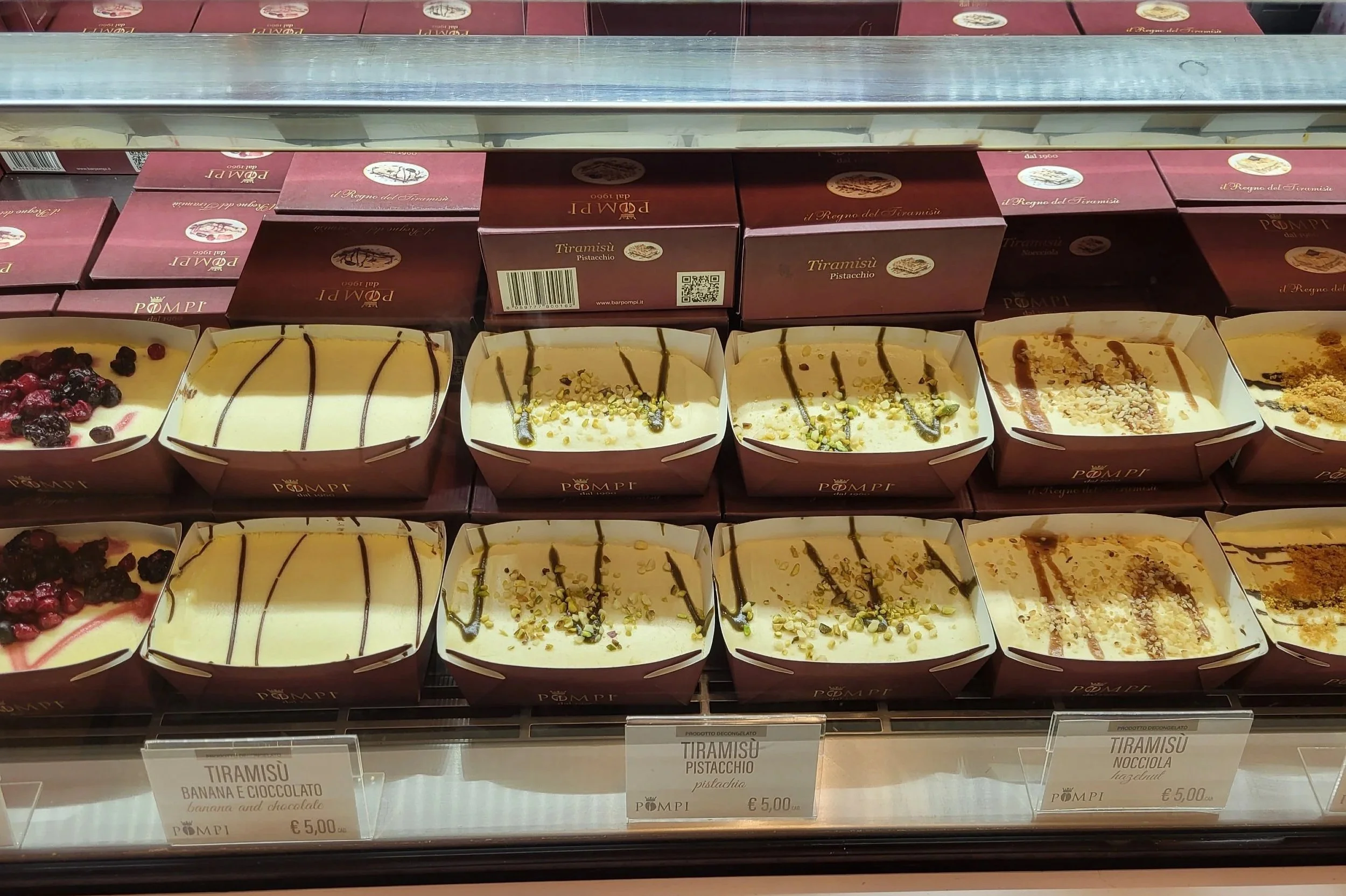 Boxes of tiramisu on display at Pompi in Rome