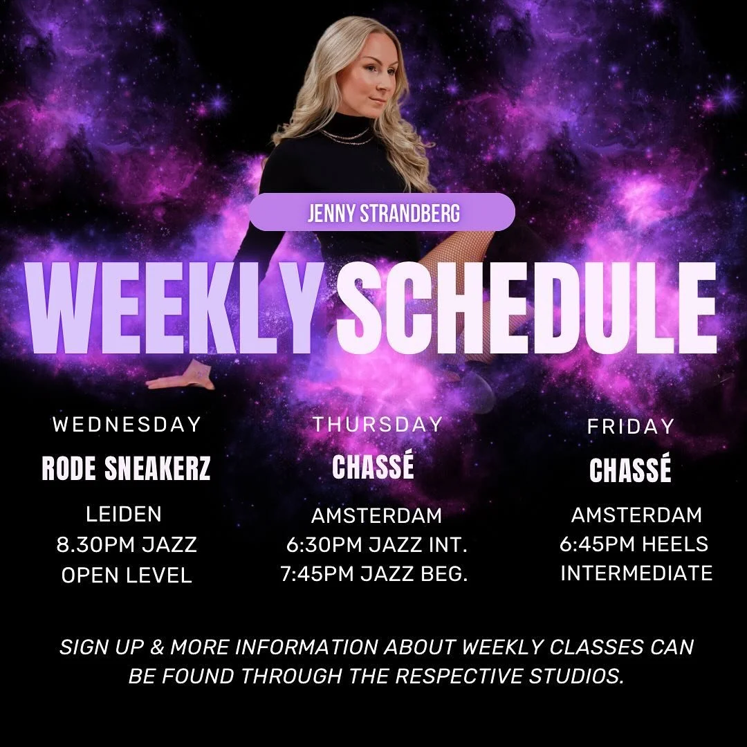 WEEKLY SCHEDULE 💜⚡️✨

WEDNESDAY / JAZZ
LEIDEN
@rodesneakerz 

THURSDAY / JAZZ
AMSTERDAM
@chassedancestudios 

FRIDAY / HEELS
AMSTERDAM
@chassedancestudios 

📲 SIGN UP &amp; MORE INFORMATION ABOUT PRICING 
through respective studios 😻

⚡️ see you i