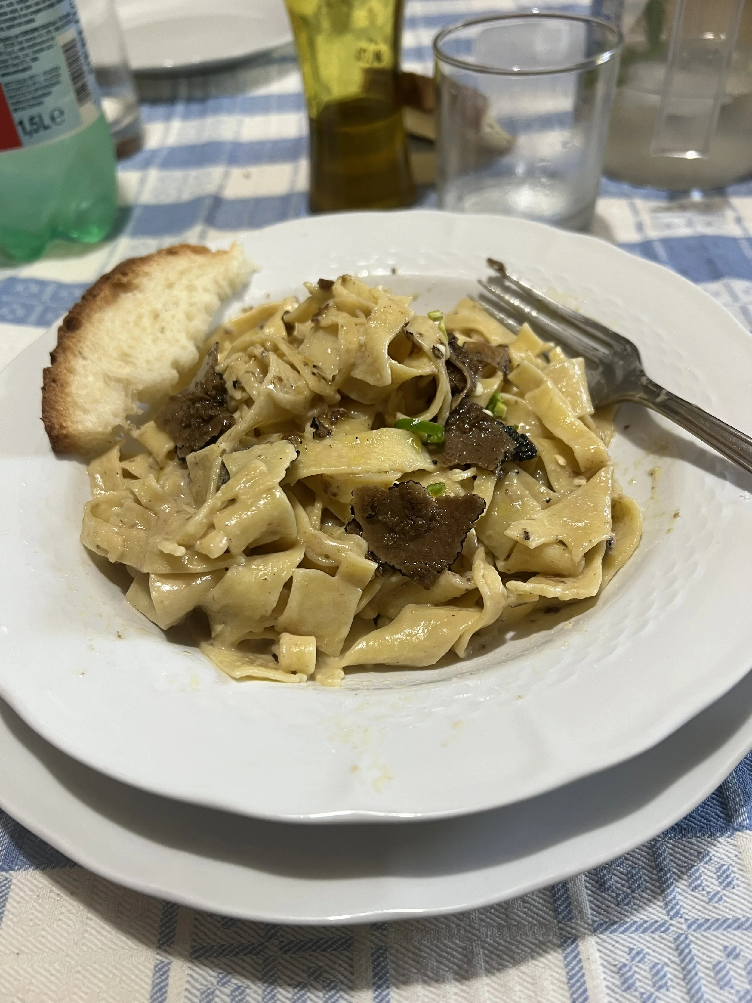 A plate of pasta with black truffle slices and a piece of toasted bread on the side, on a blue and white checkered tablecloth.