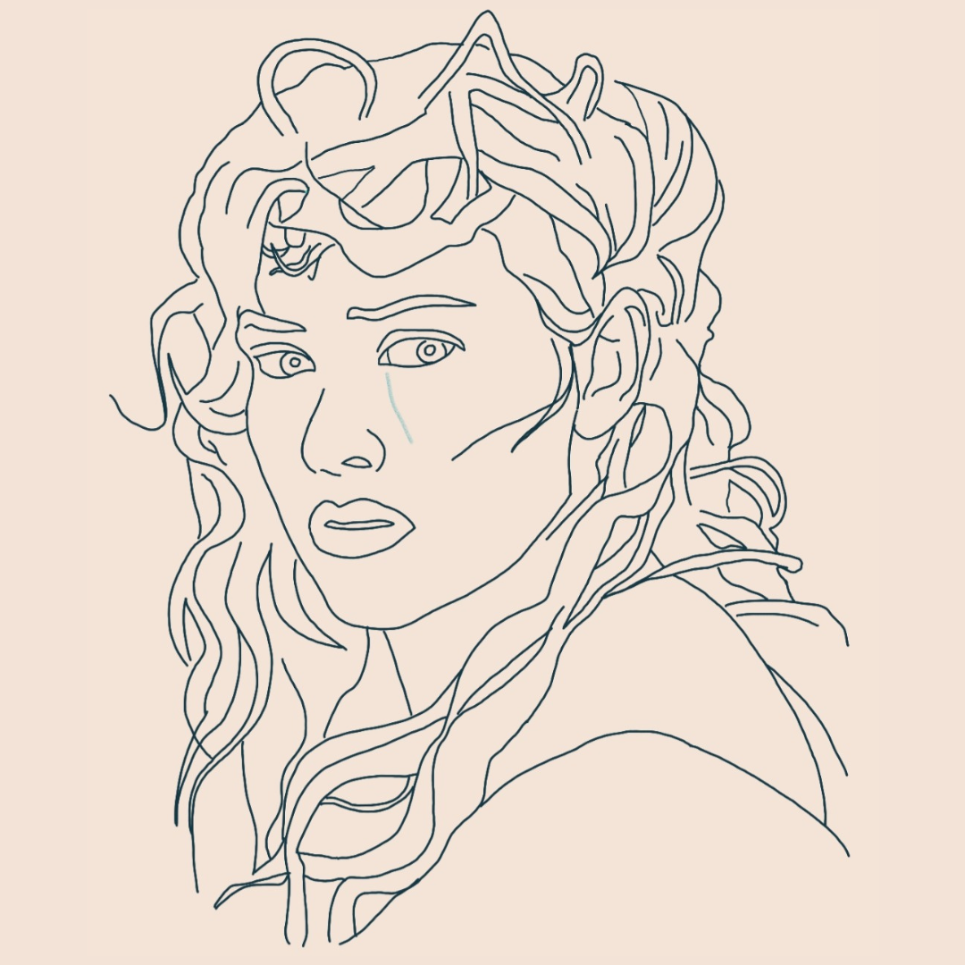 Für den Titanic Podcast "tiTENic minutes": Eine schematische Zeichnung von Rose, die in Richtung des Betrachters blickt. Über ihre Wange läuft eine Träne