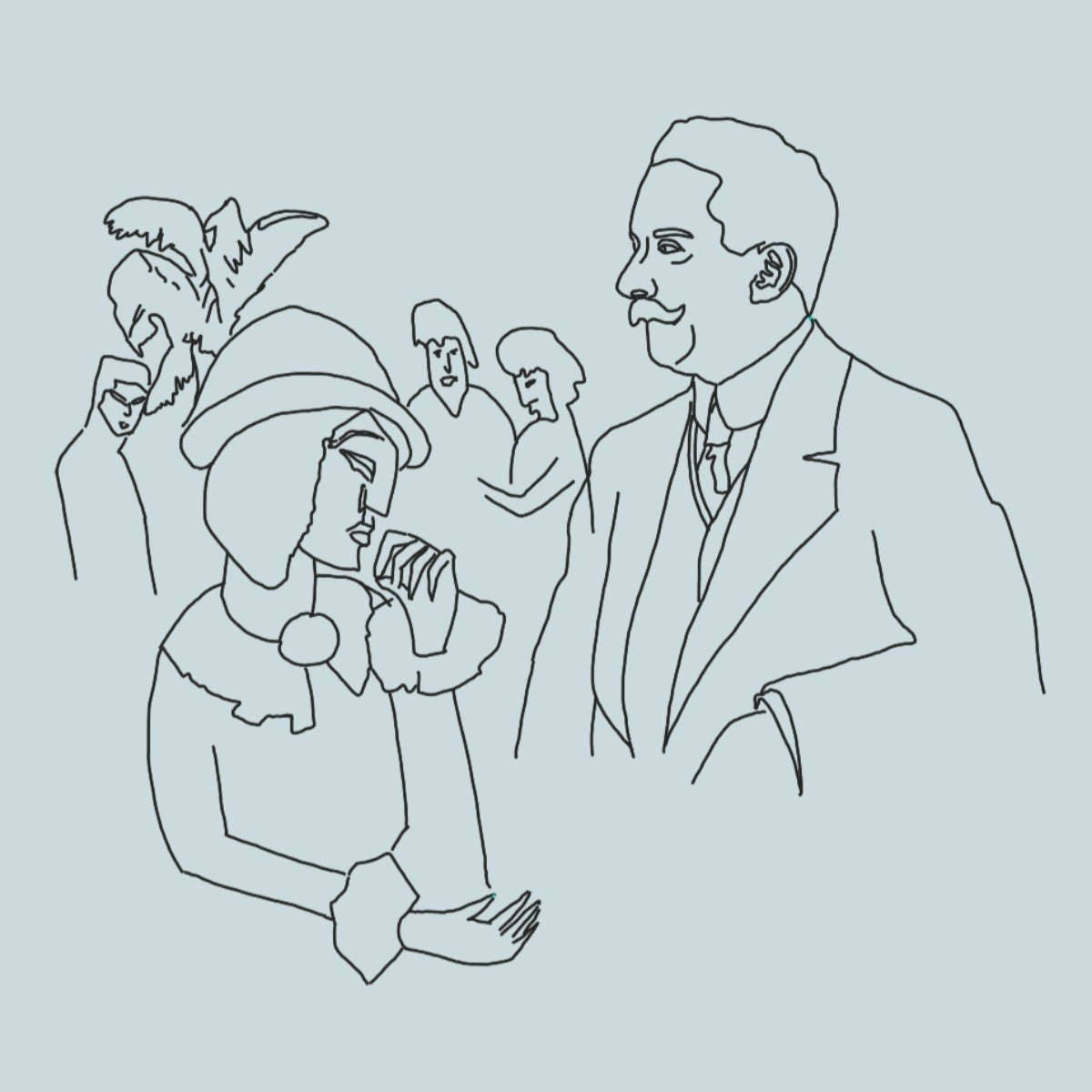 Für den Titanic Podcast "tiTENic minutes": Eine schematische Zeichnung, auf der Bruce Ismay und Margaret Brown zu sehen sind