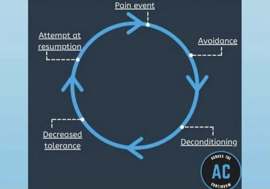 Diagram illustrating the cycle of a pain event, including stages such as avoidance, deconditioning, decreased tolerance, attempt at resumption, and pain event, with arrows indicating progression.
