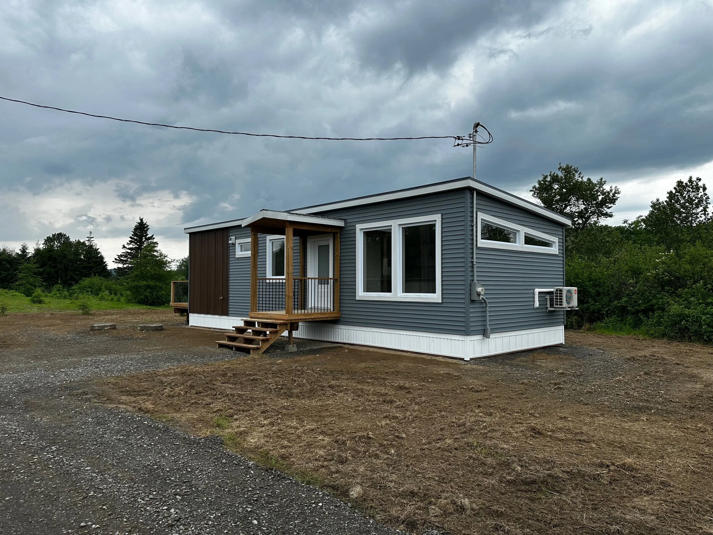 Une maison moderne en panneau de vinyle bleu avec une petite terrasse en bois et de grandes fenêtres, située dans un environnement naturel avec des arbres et un ciel nuageux.
