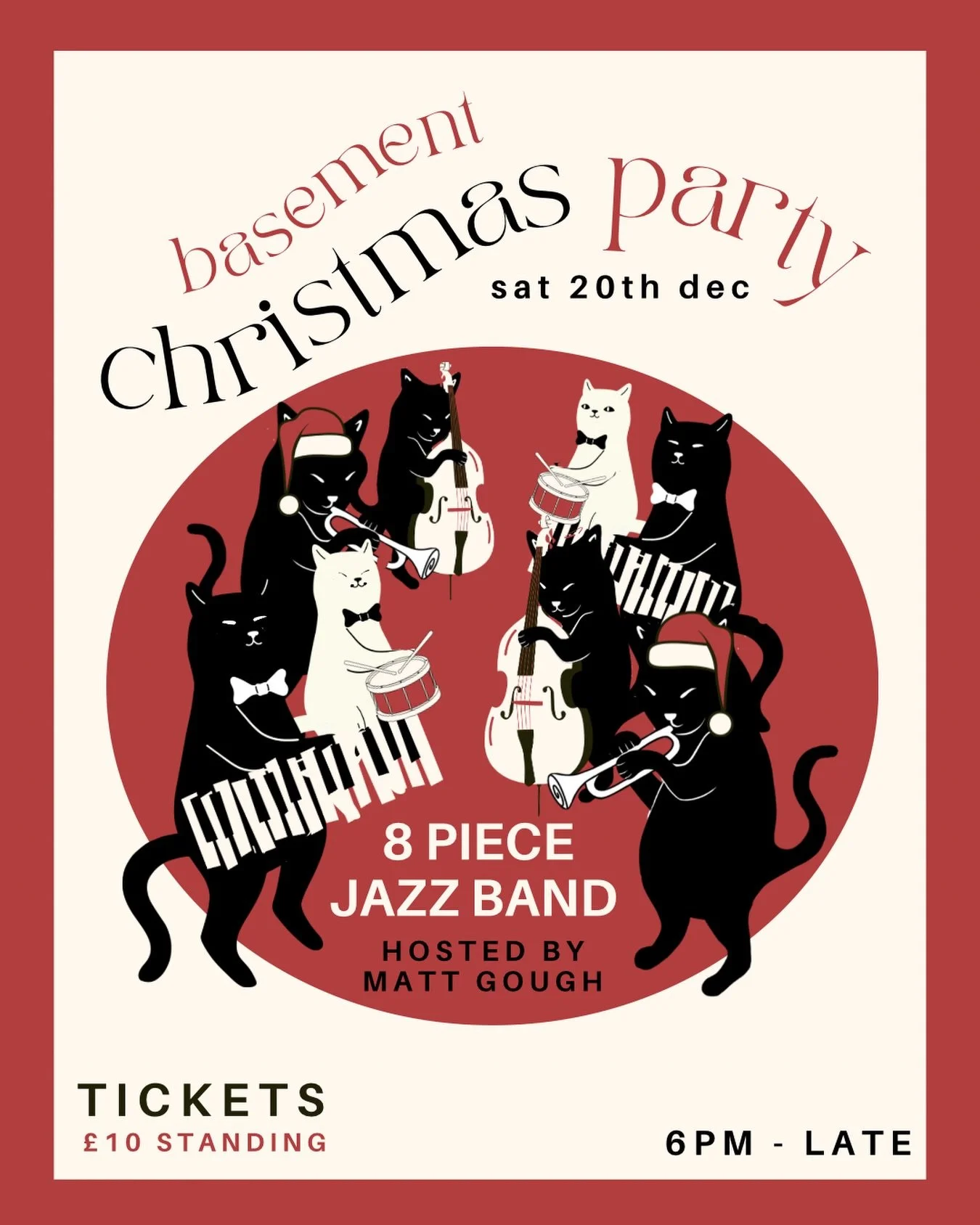 Our annual Basement Xmas Party is on Saturday and we can&rsquo;t wait to welcome an 8 piece band hosted by @matt_gough_music 

The band will be playing festive jazz arrangements of popular Christmas carols and songs🎄

There&rsquo;s only a handful of