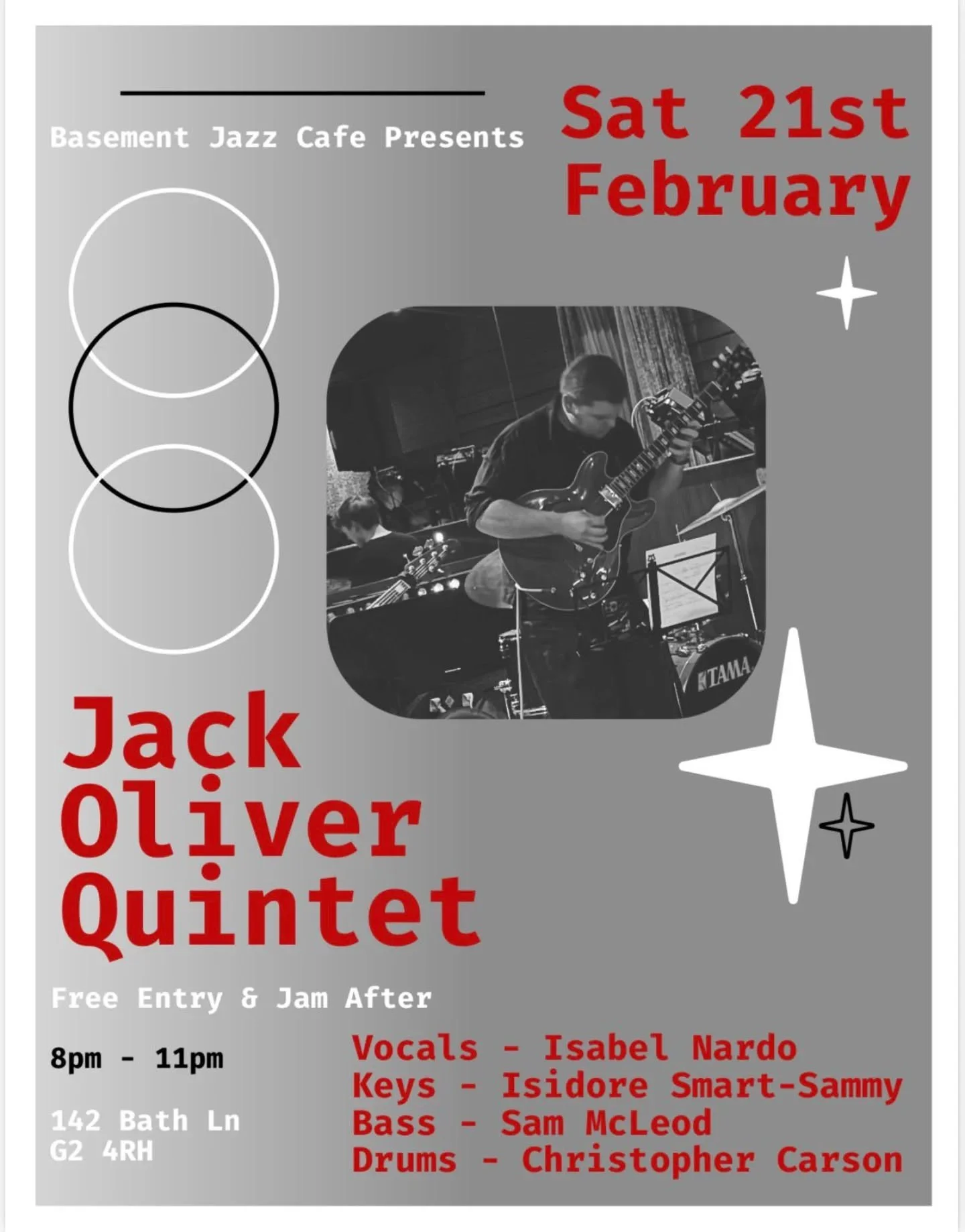 Tonight!

Straight-ahead Saturdays!

Jack Oliver Quintet

18:00 Doors
20:00 Set, jam after
Resident DJ til late!

"Jack Oliver is a Scottish guitarist currently studying jazz at the Royal Conservatoire of Scotland. Jack draws musical influence f