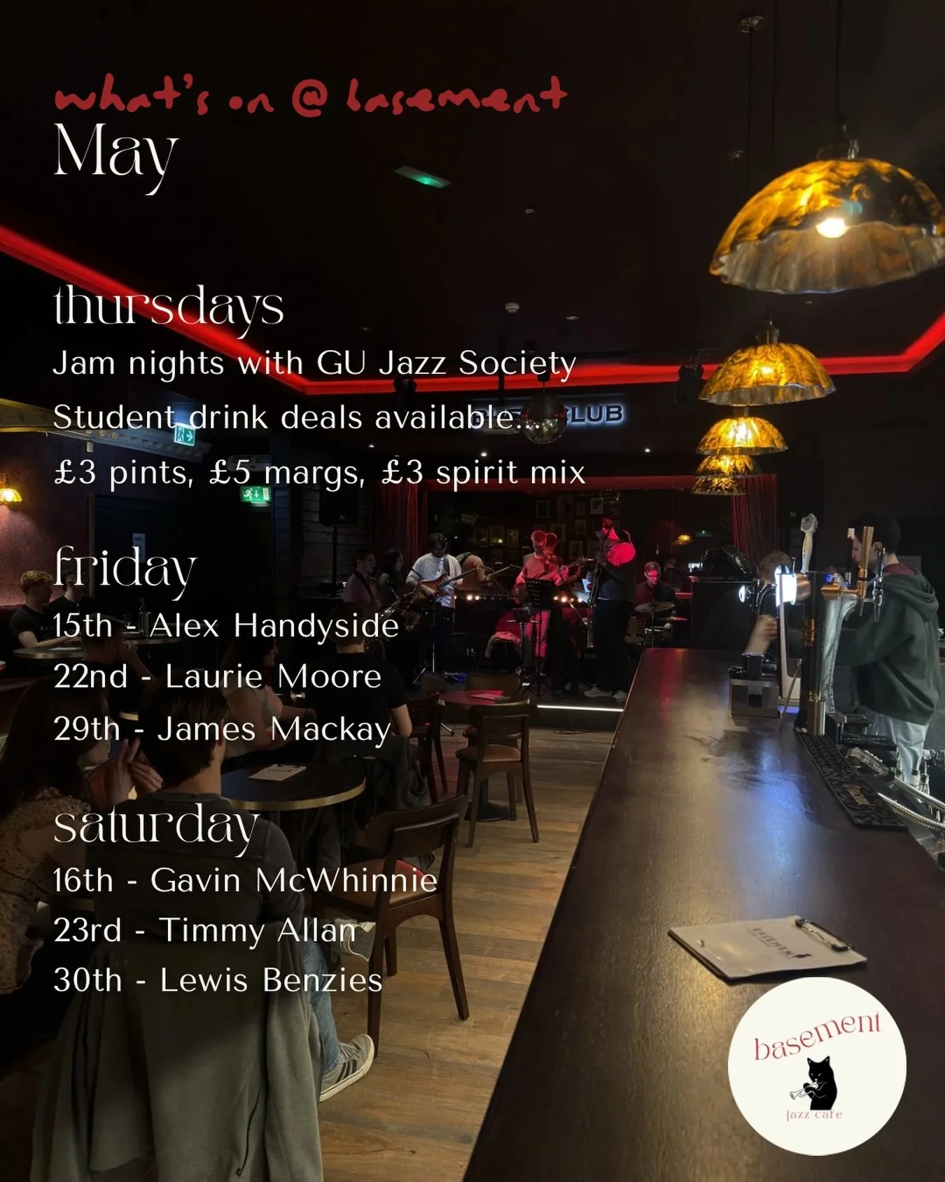 If you&rsquo;re looking for plans in May, we&rsquo;ve got you covered🎶

Every Thursday we&rsquo;re teaming up with @gujazzsociety to bring you the best student jazz night around with drinks discounts with a valid student ID

Then every weekend we we