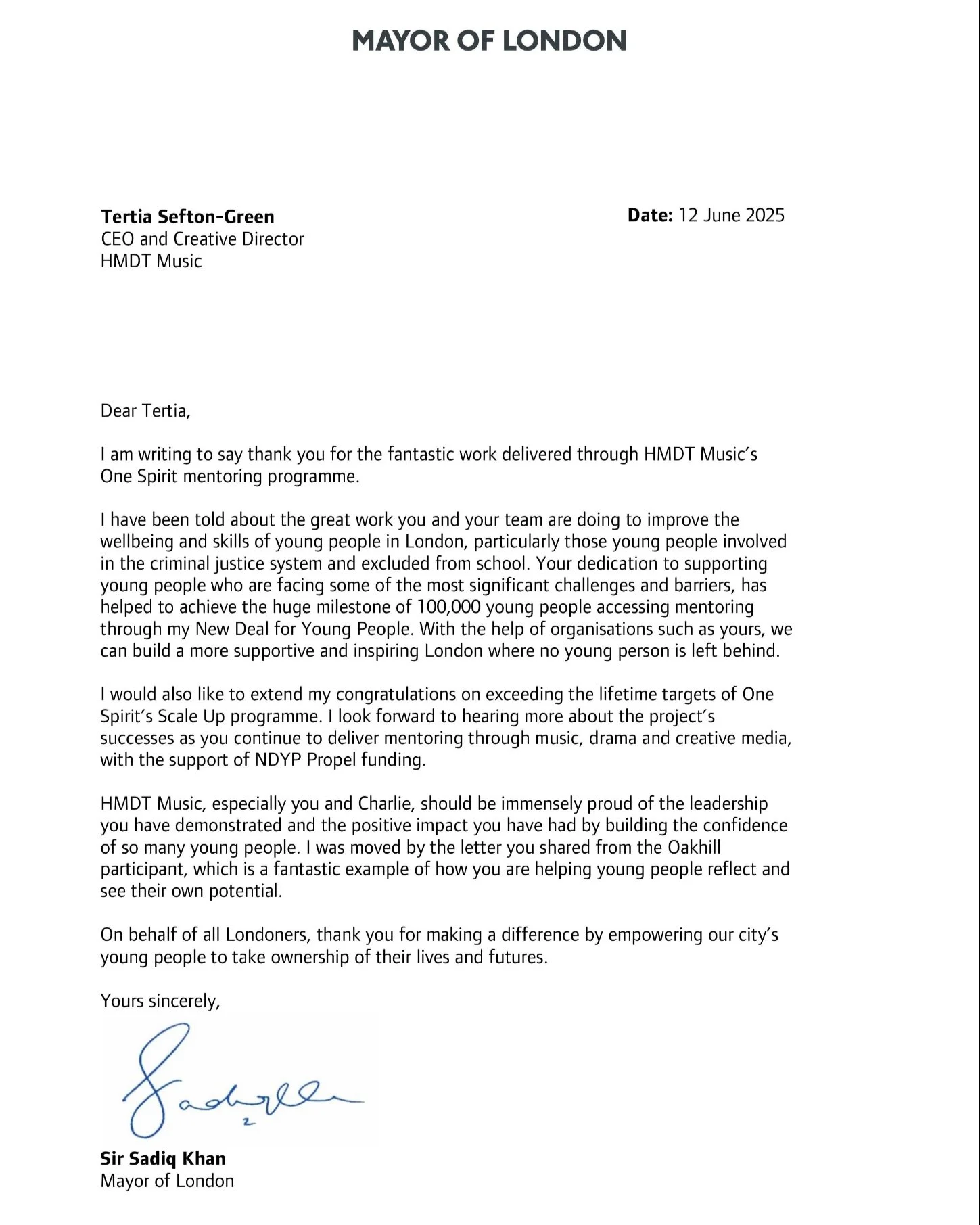 HMDT Music Receives Letter from the Mayor of London