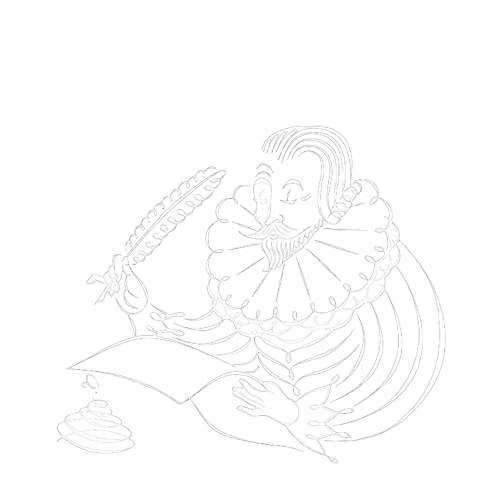 A black and white drawing of William Shakespeare wearing a ruffled collar, writing with a quill in front of an inkwell, with the text 'MUCH ADO ABOUT SHAKESPEARE' at the top.