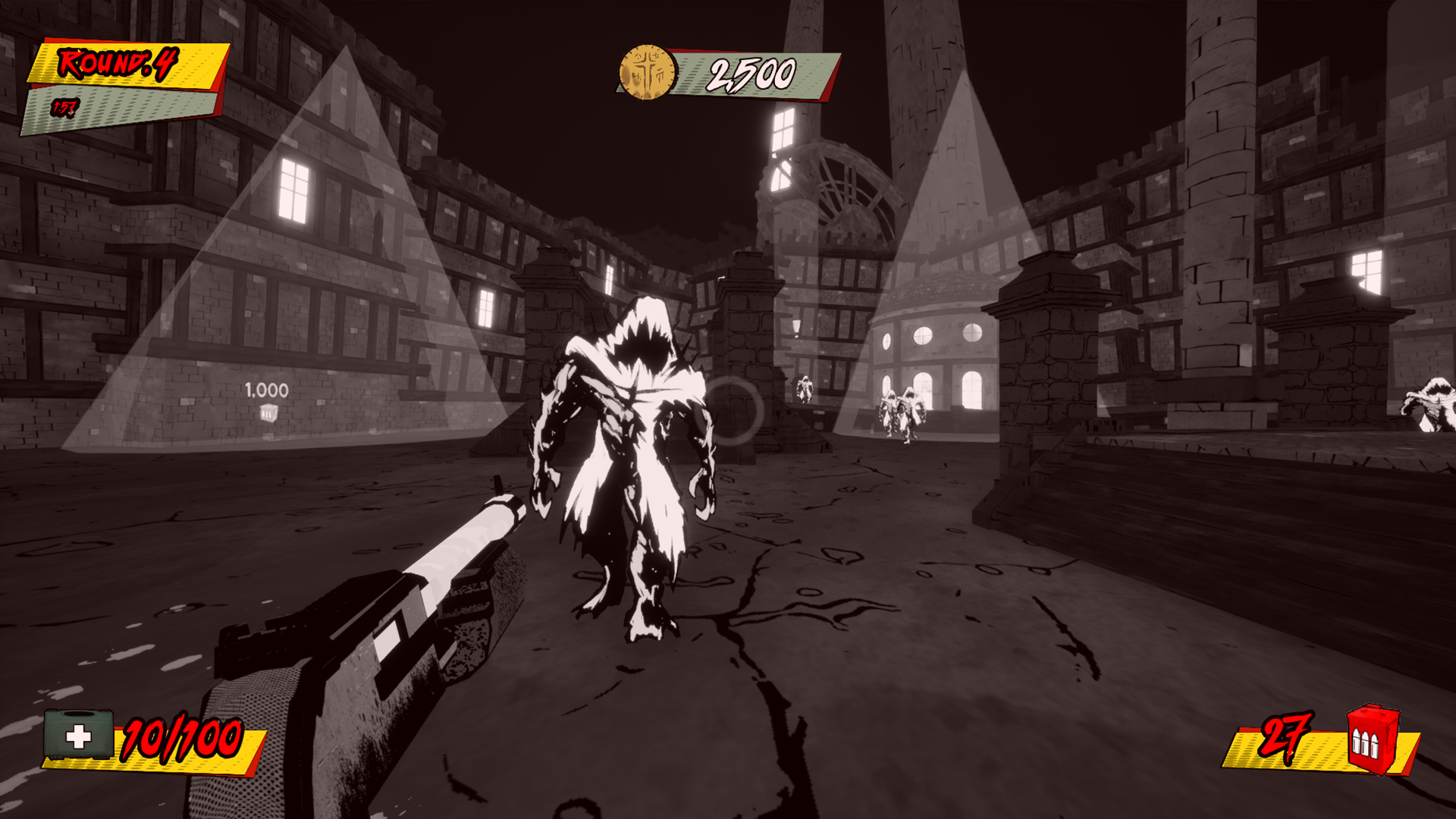 First-person perspective of a zombie combat video game, showing a zombie enemy approaching inside a dark, abandoned warehouse with broken cracked floors, lit by spotlights, with game interface displaying health, ammo, and score.